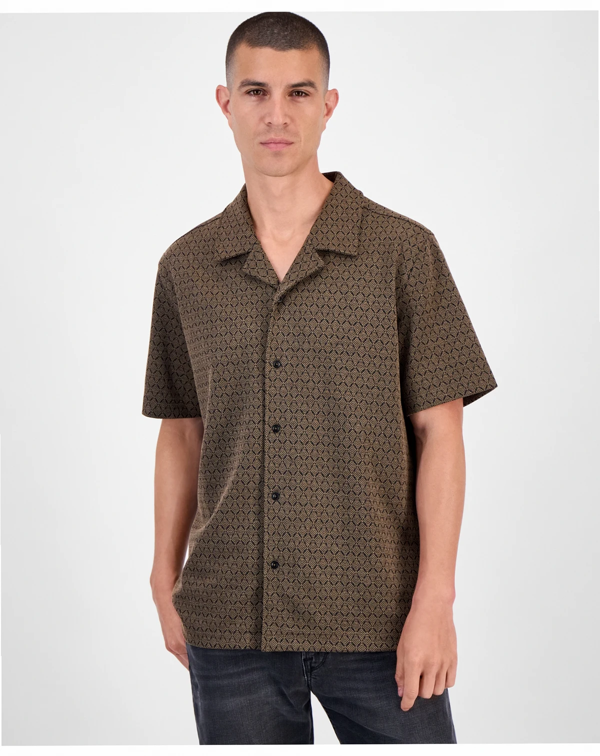 Marcos Short Sleeve Jacquard Pattern Button-Front Camp Shirt