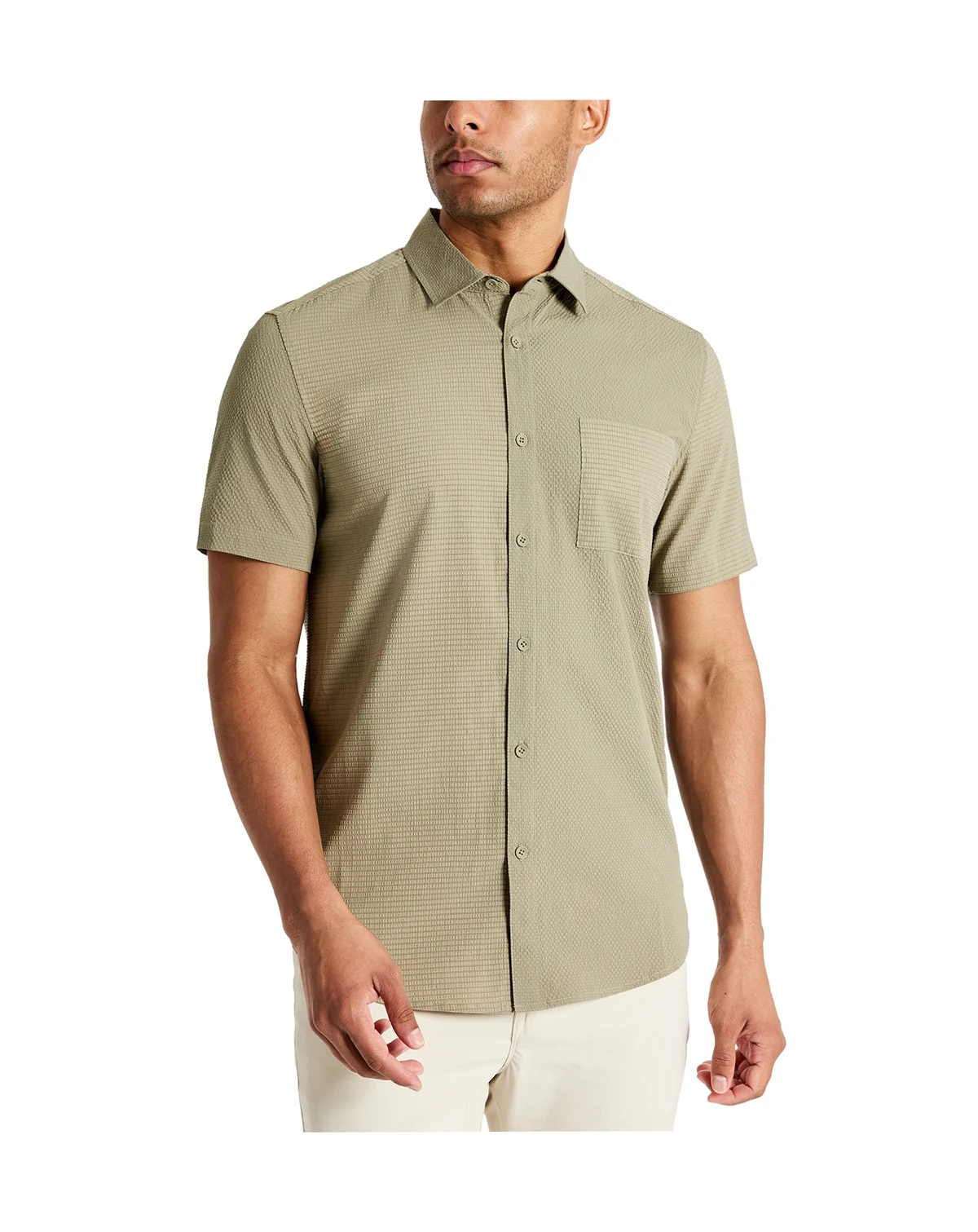 Men's Slim Fit Short-Sleeve Mixed Media Sport Shirt