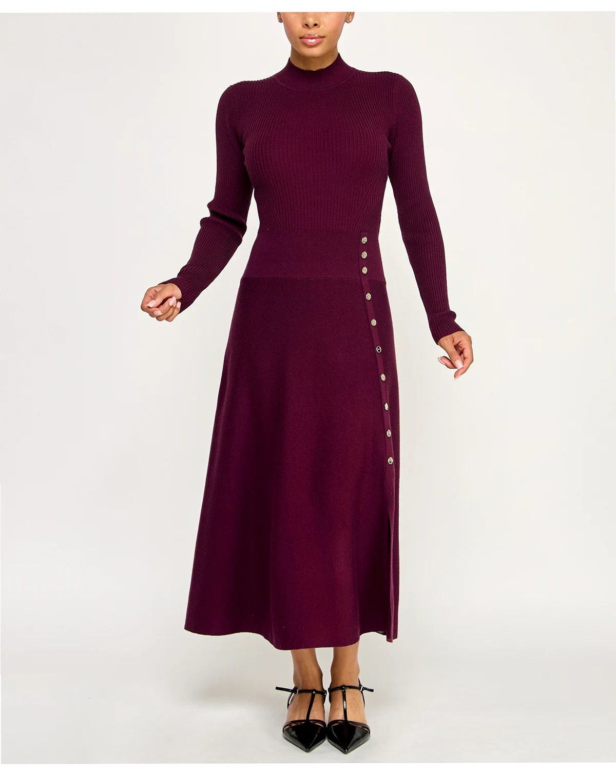 Juniors Mini Buttons A-Line Midi Sweater Dress