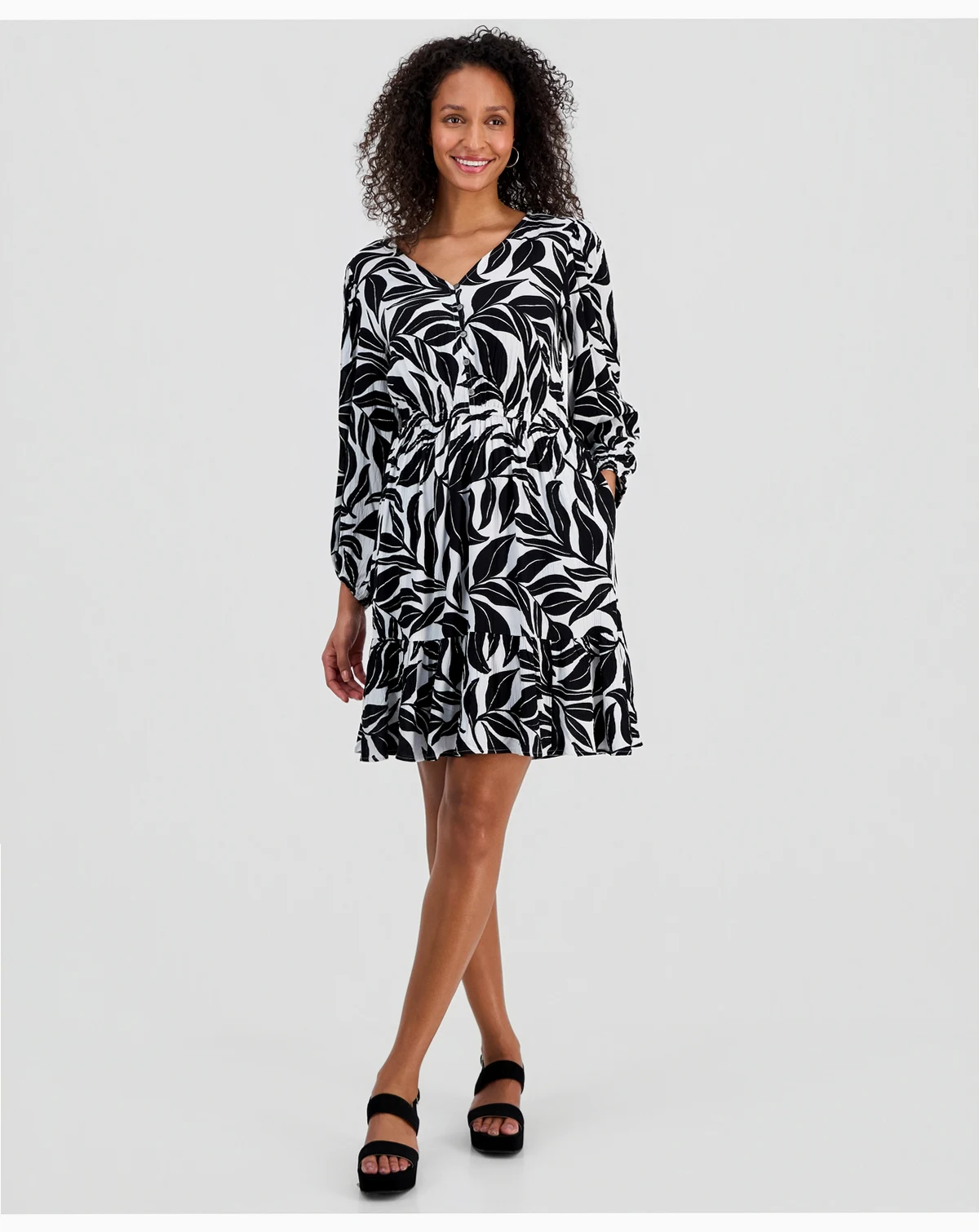 Women's Printed Long Sleeve V-Neck Dress, Macy's Exclusive