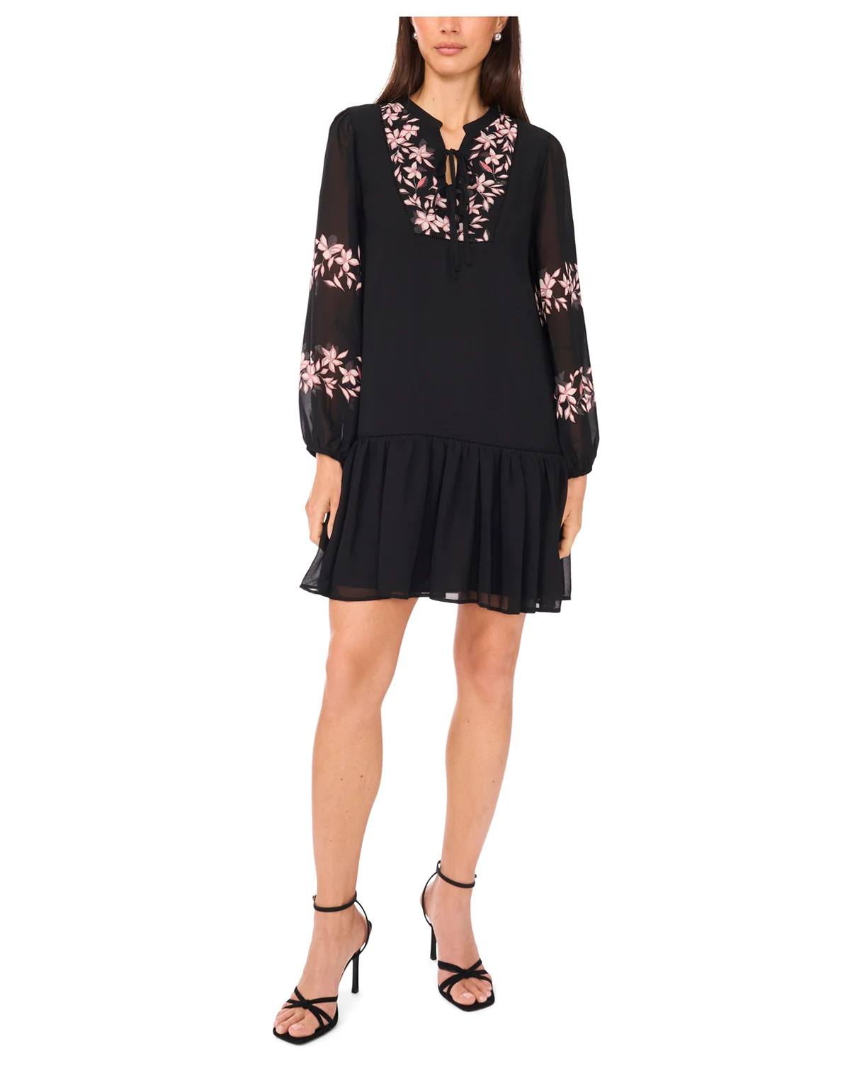 Women's Long-Sleeve with Ties Pull-On Babydoll Dress