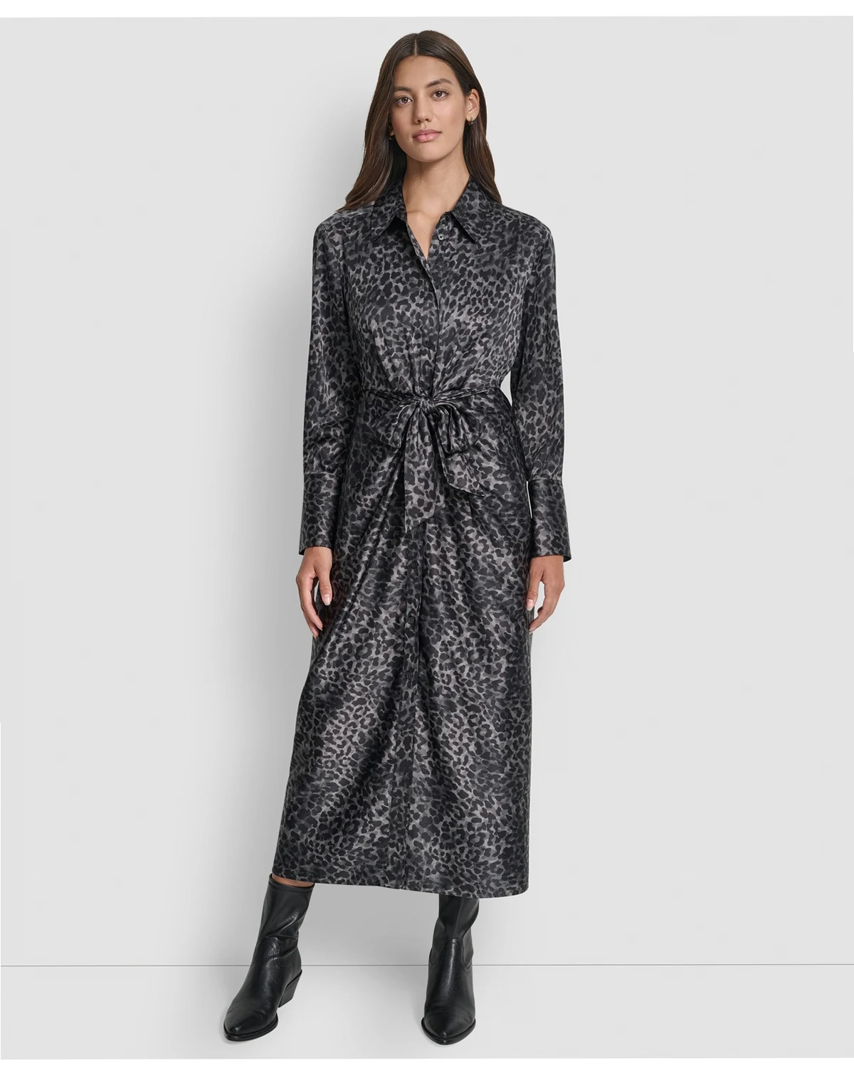 Women's Print Long Sleeve Satin Tie Dress