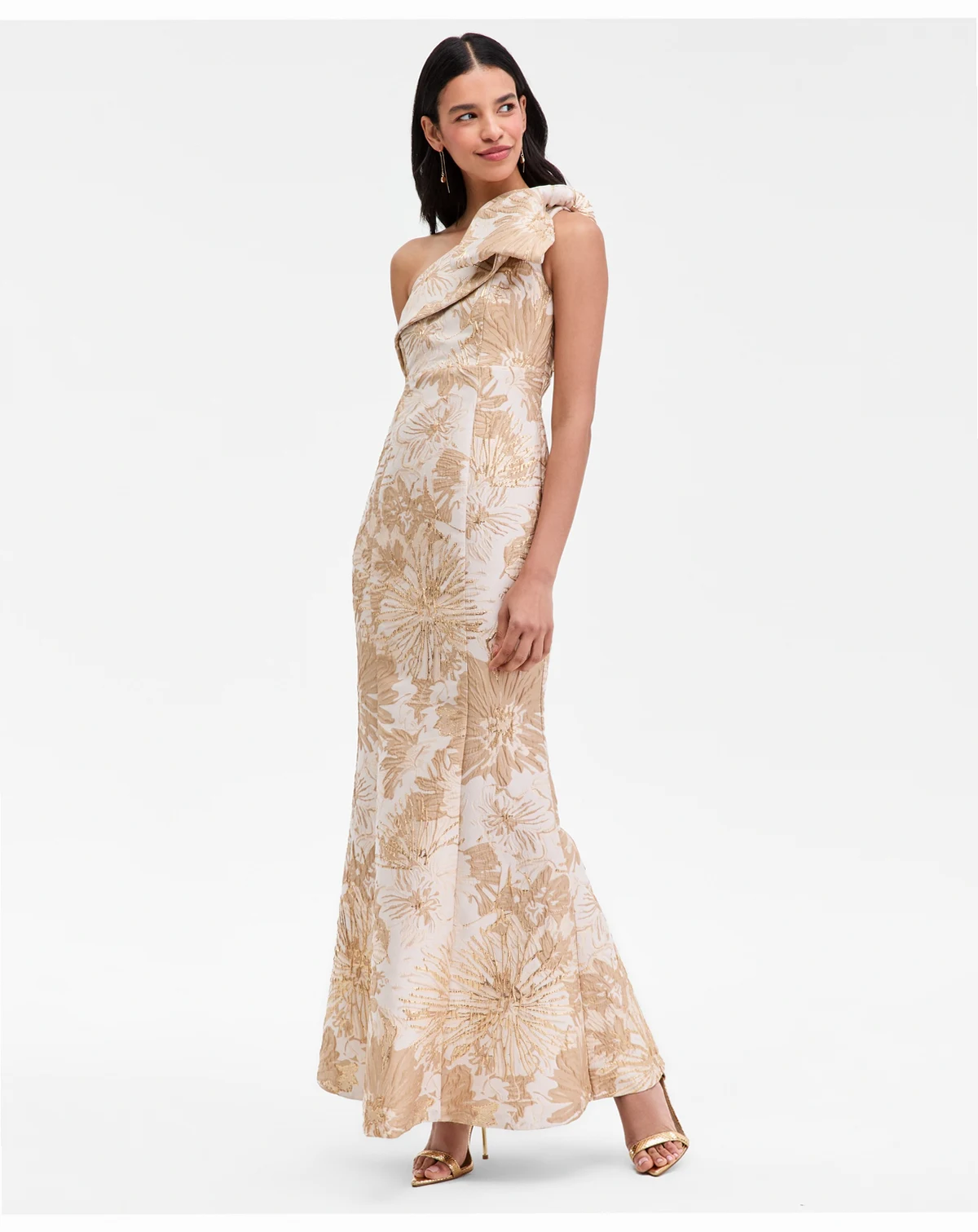Women's Jacquard Bow-Trim One-Shoulder Gown