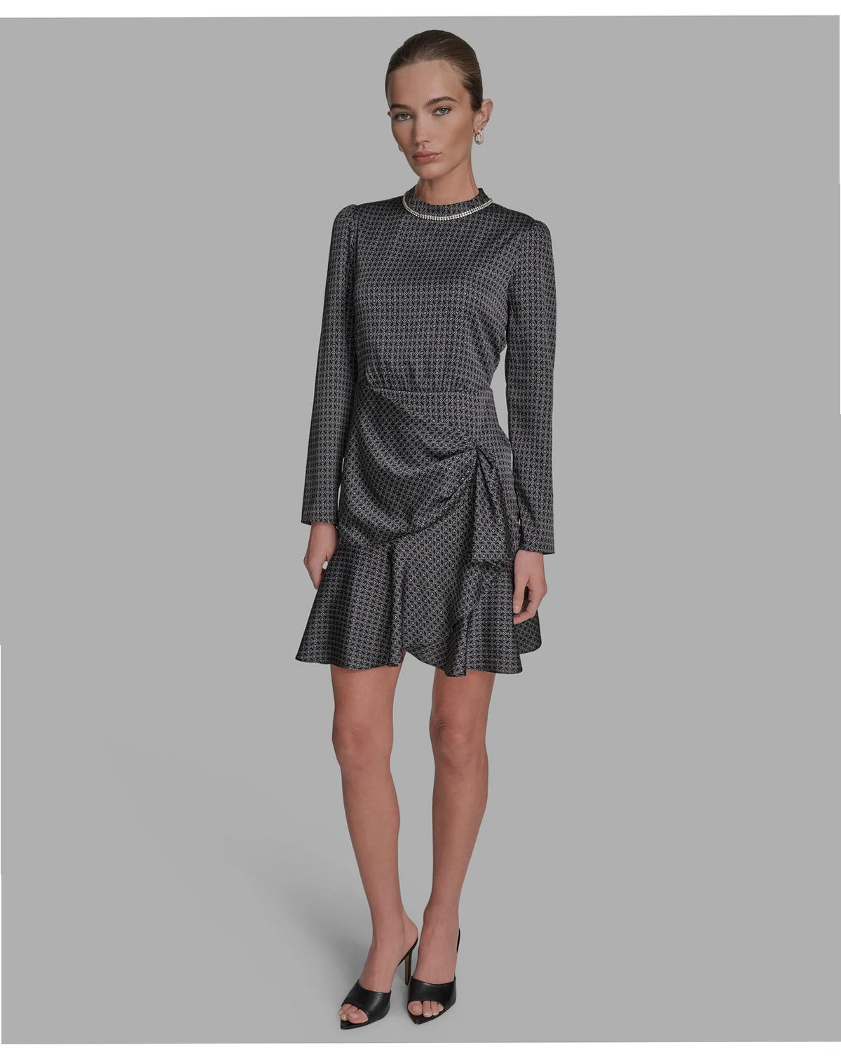 Women's Embellished Mock-Neck Satin Shift Dress