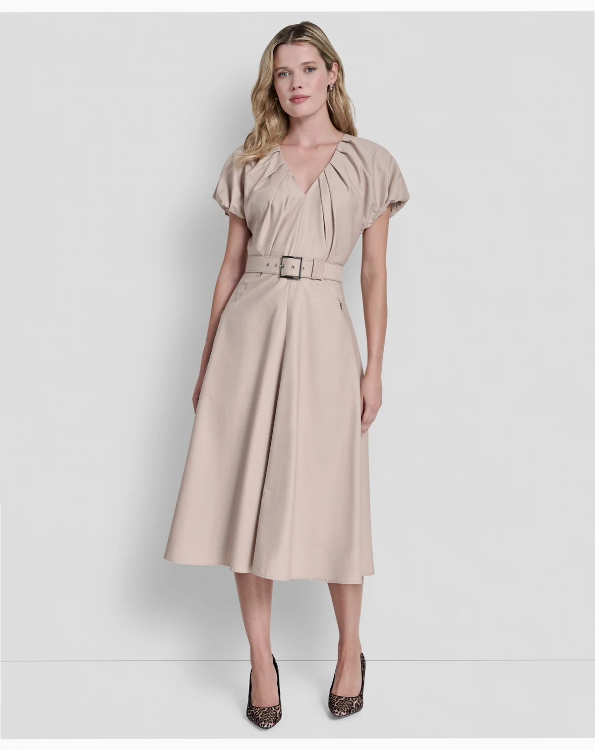 Women's V-Neck Belted Midi Dress