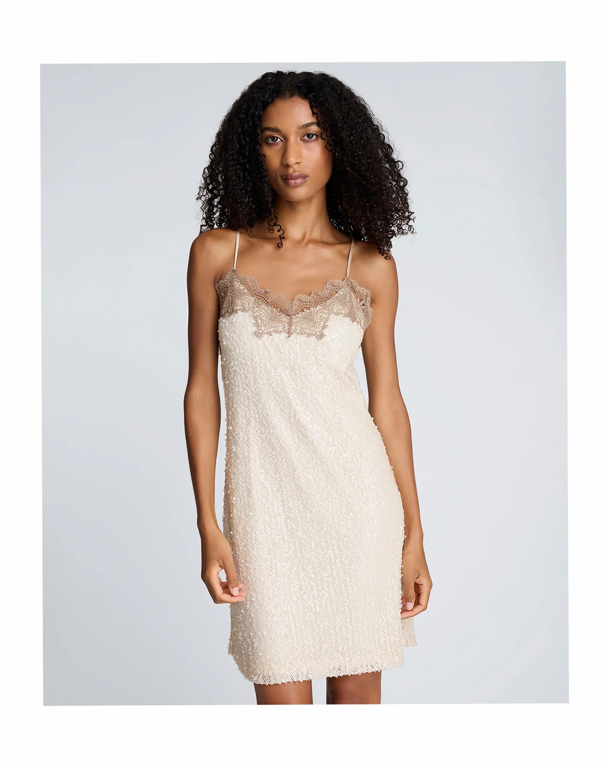 Sequin Netting Lace Trim Slip Dress