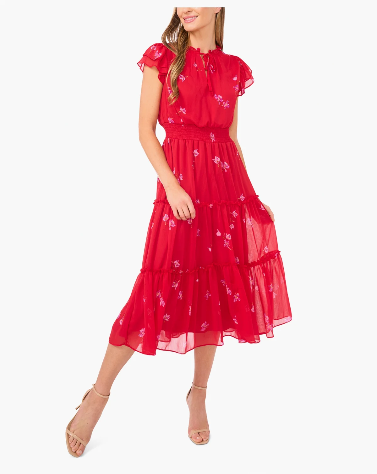 Women's Floral Flutter Sleeve Smocked Tiered Midi Dress
