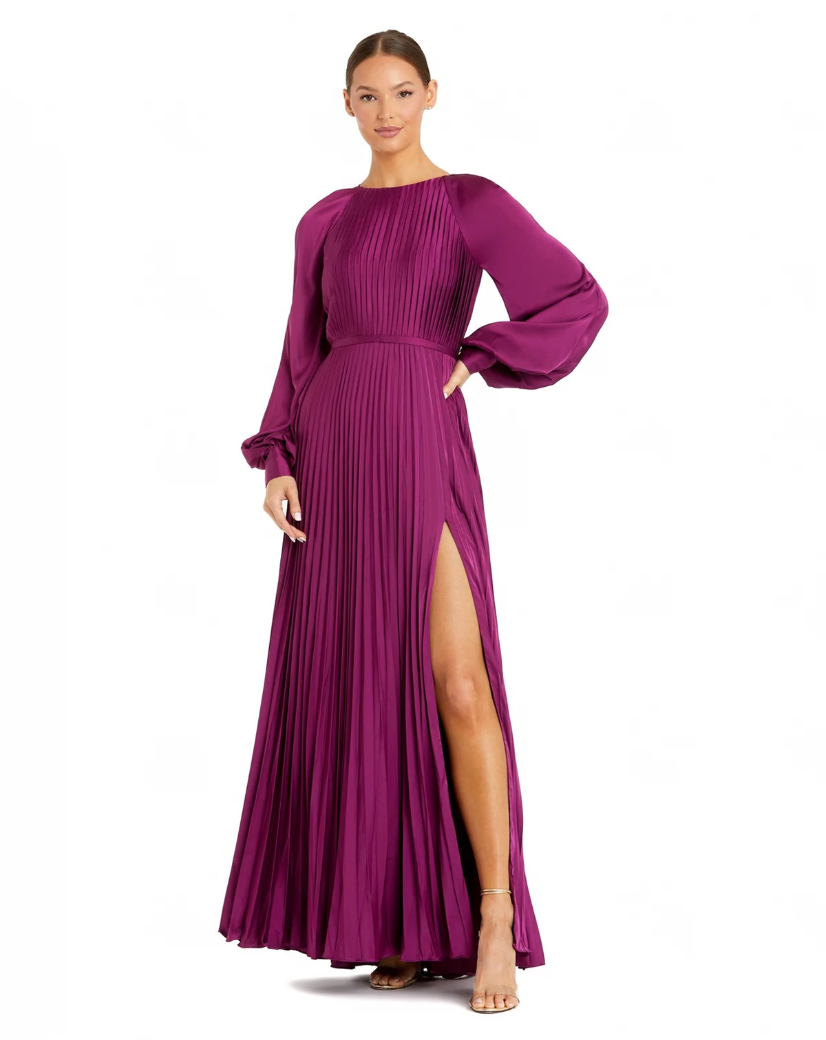 Women's Pleated High Neck Raglan Long Sleeve Side Slit Gown