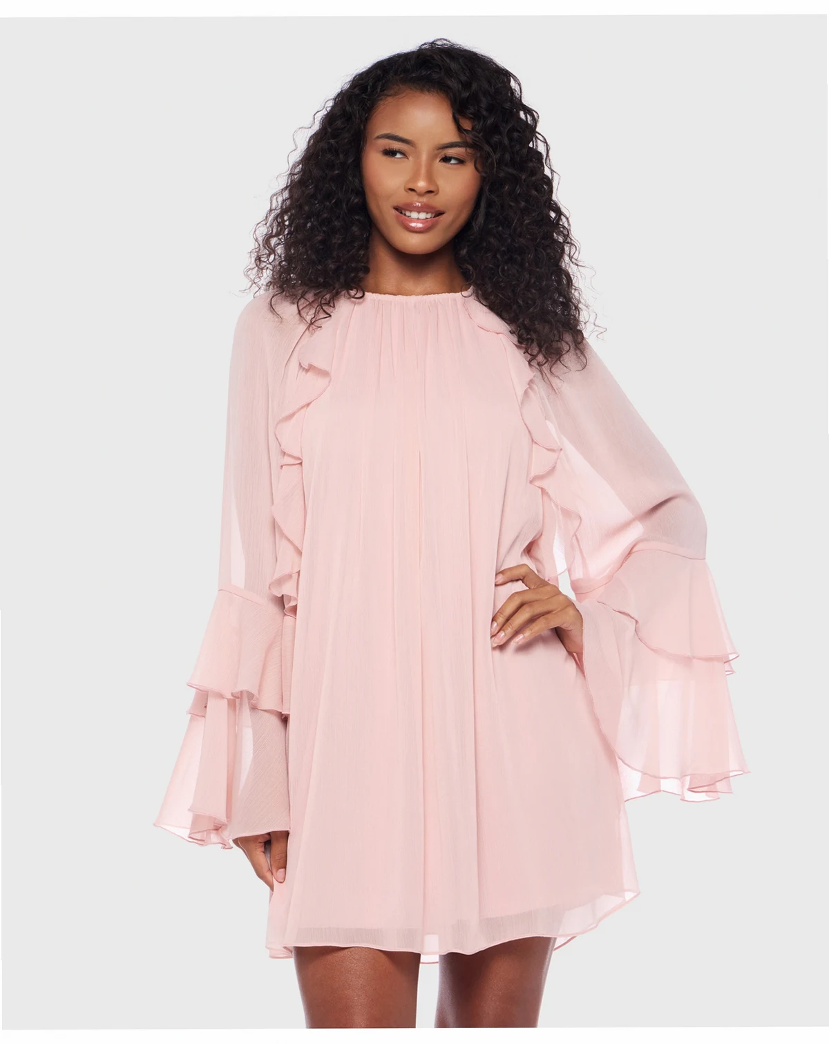 Juniors' Ruffled Chiffon Long-Sleeve Dress