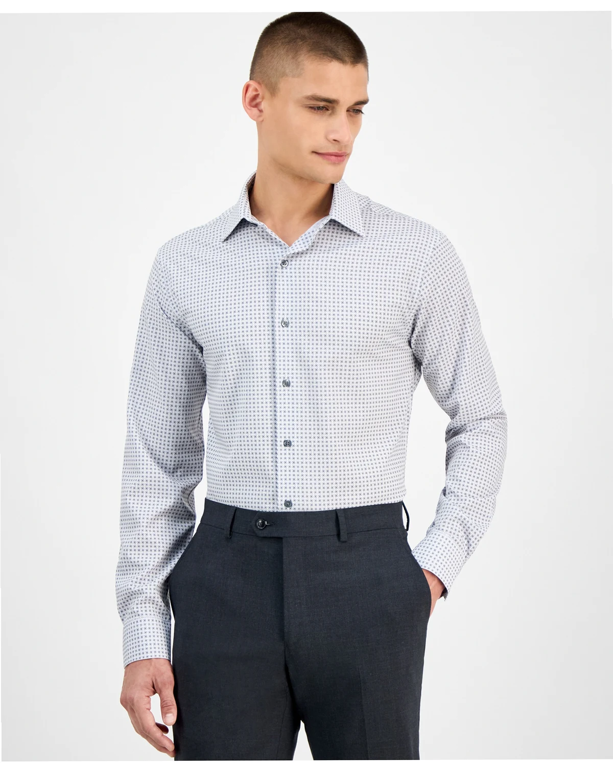 Men's Slim-Fit Long Sleeve Geo Pattern Button-Front Performance Dress Shirt, Exclusively at Macy's