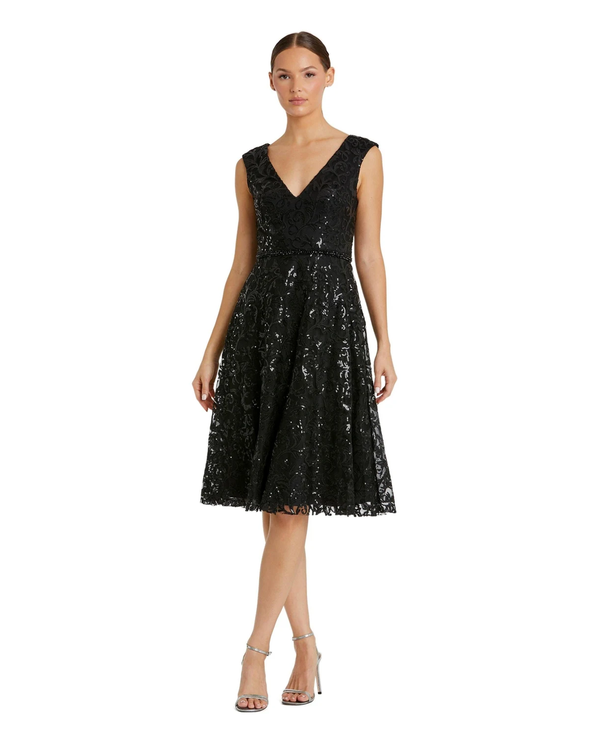 Women's Sequined V Neck Cap Sleeve Dress