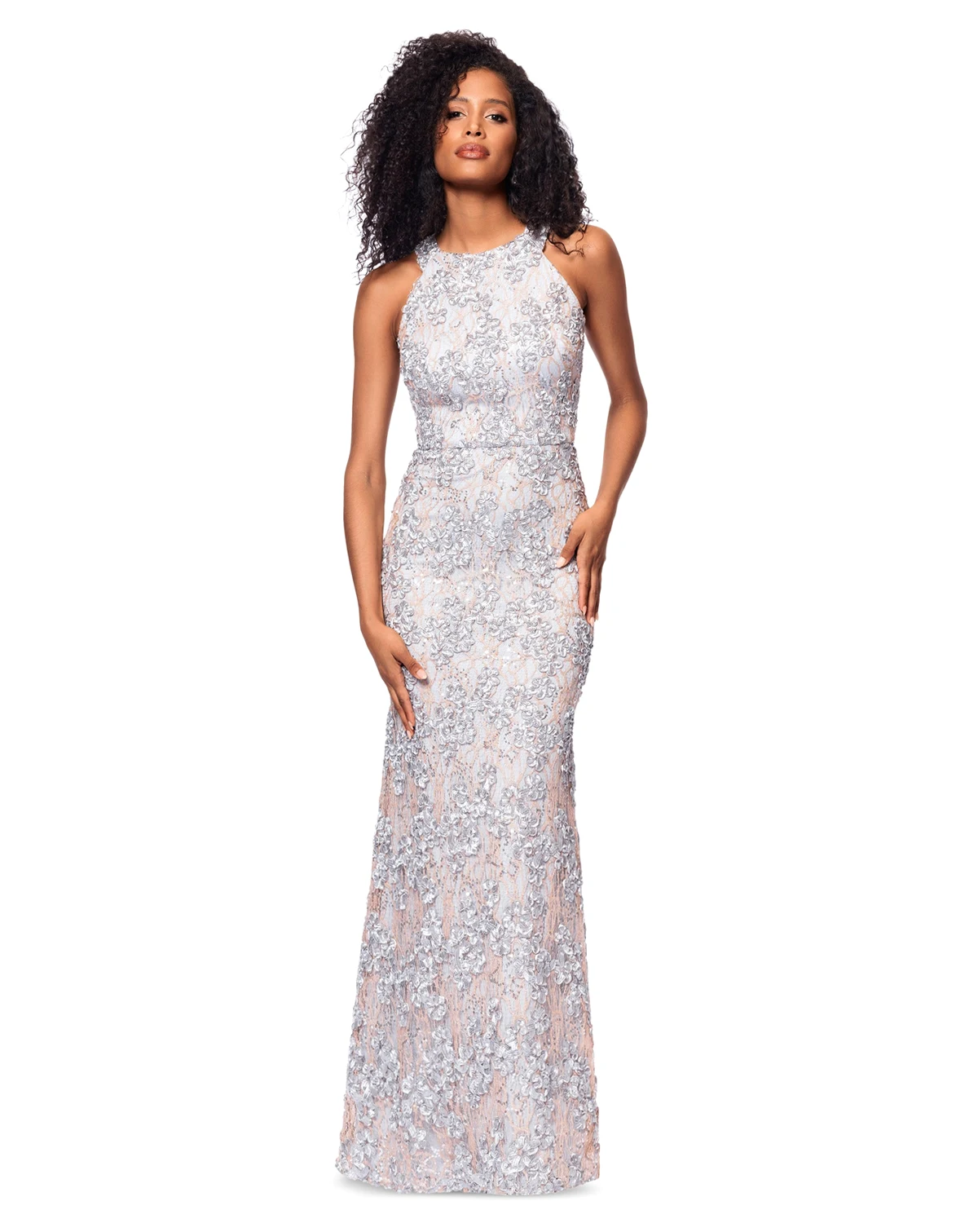 Petite High-Neck Sleeveless Lace Sheath Gown