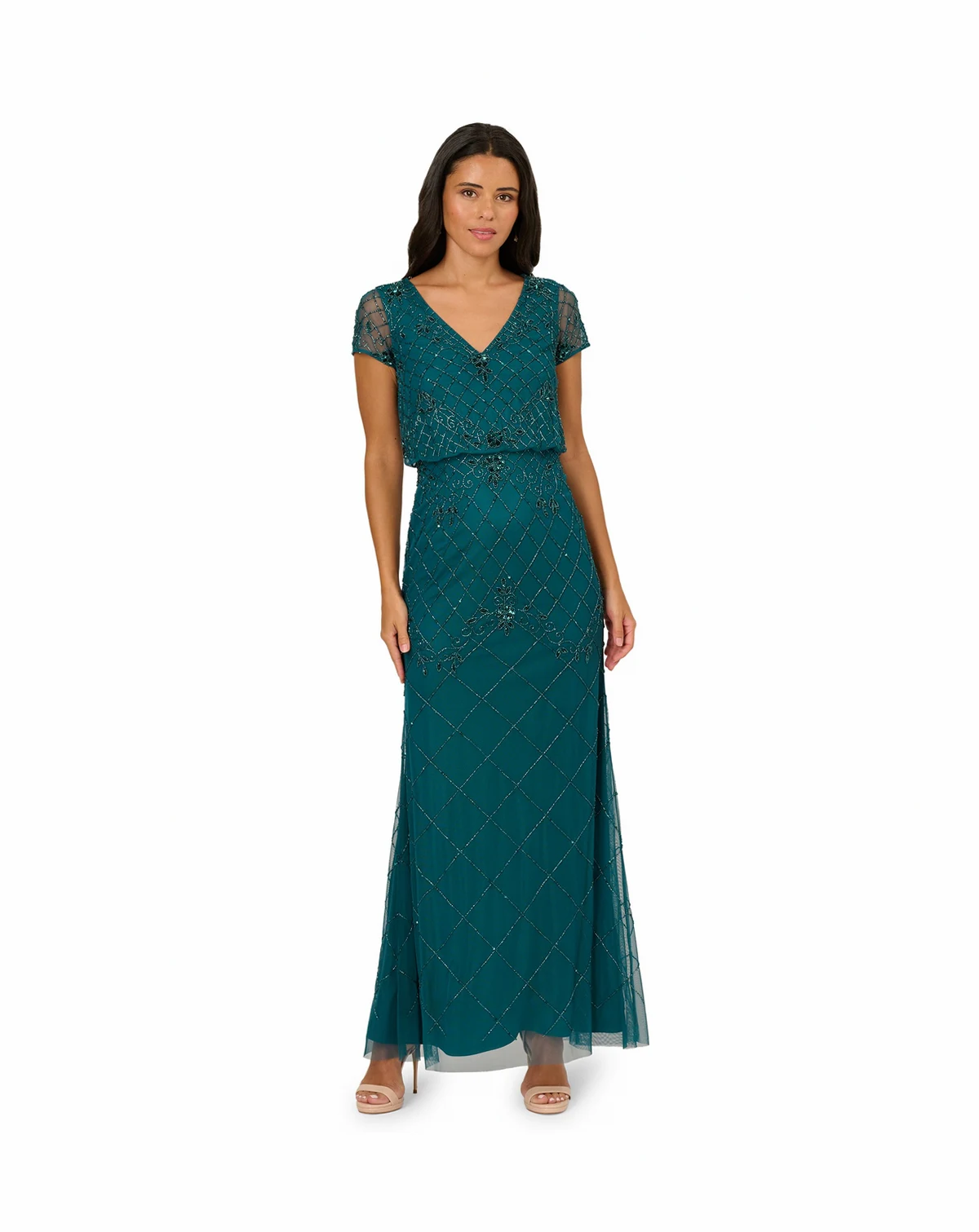 Women's Petite Bead Blouson V-Neck Long Dress
