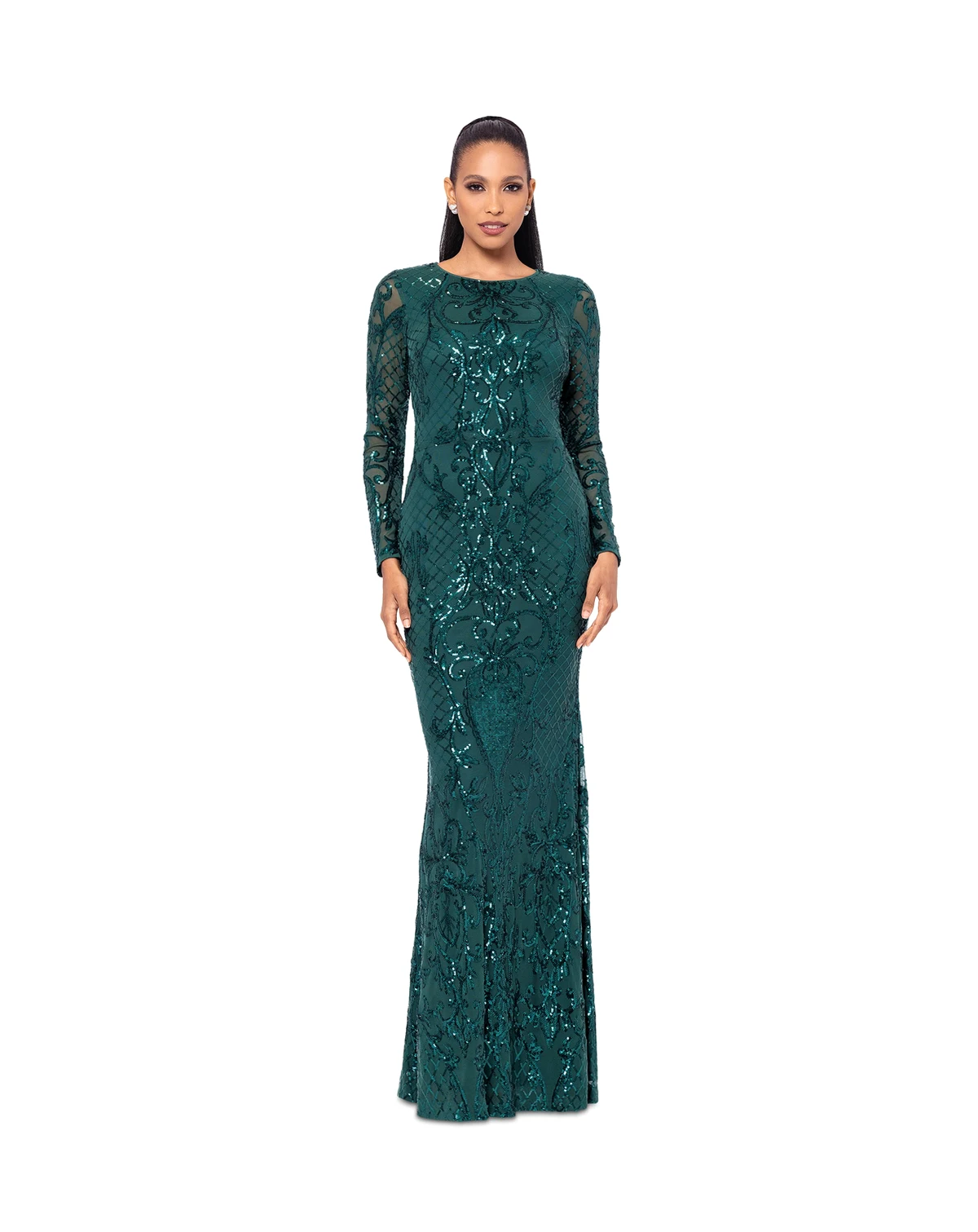Betsy & Adam Petite Sequinned Mesh-Sleeve Evening Gown