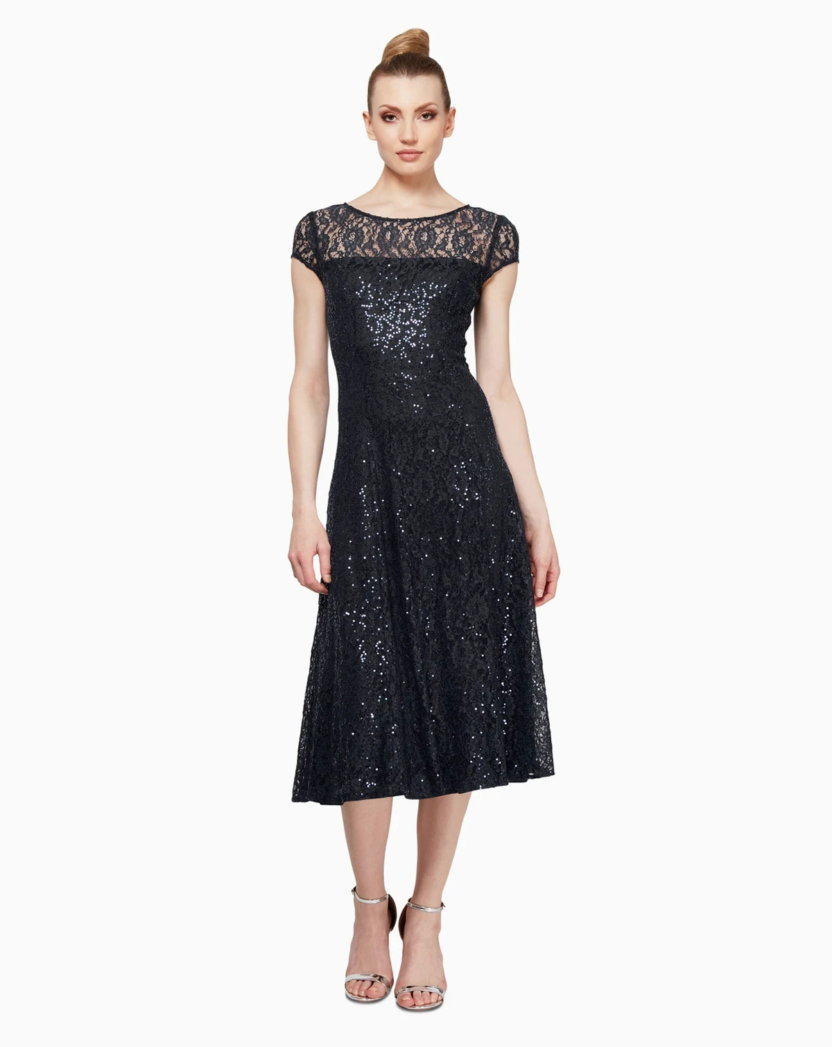 Petite Sequined Lace Cap-Sleeve Dress