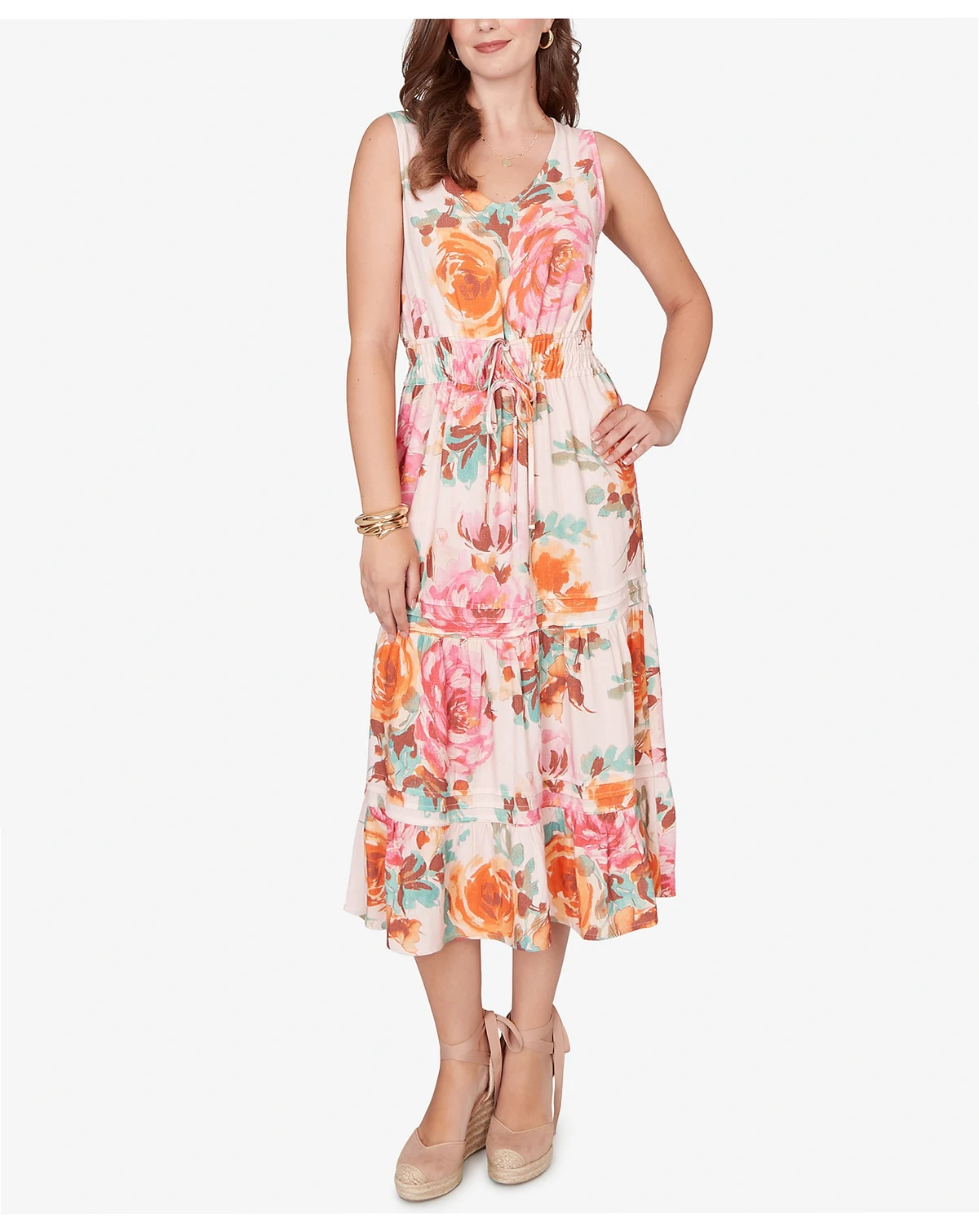 Petite Drawstring Waist Floral Linen Tiered Dress