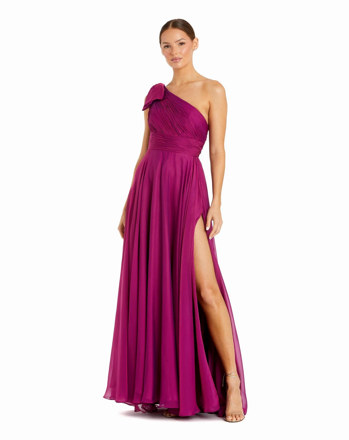 Petite Pleated One Shoulder Chiffon Gown