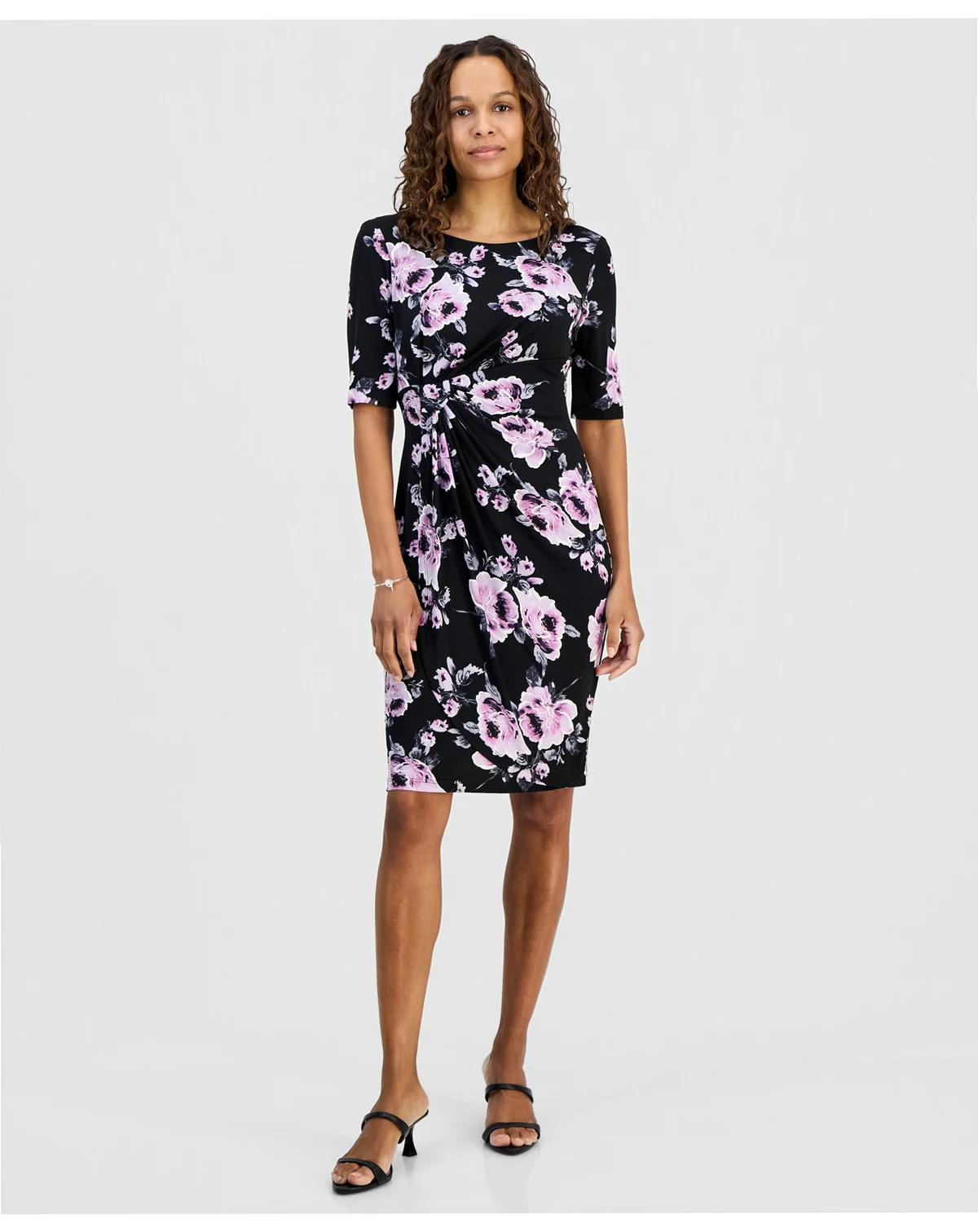 Petite Floral Twist-Front Elbow-Sleeve Dress