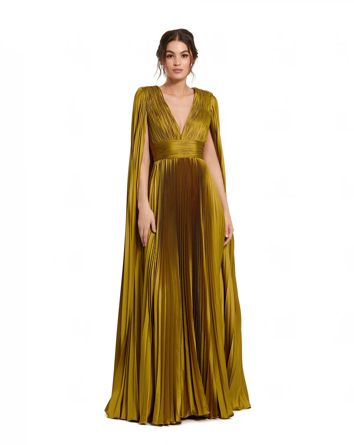Petite Pleated Charmeuse V Neck Gown With Cape
