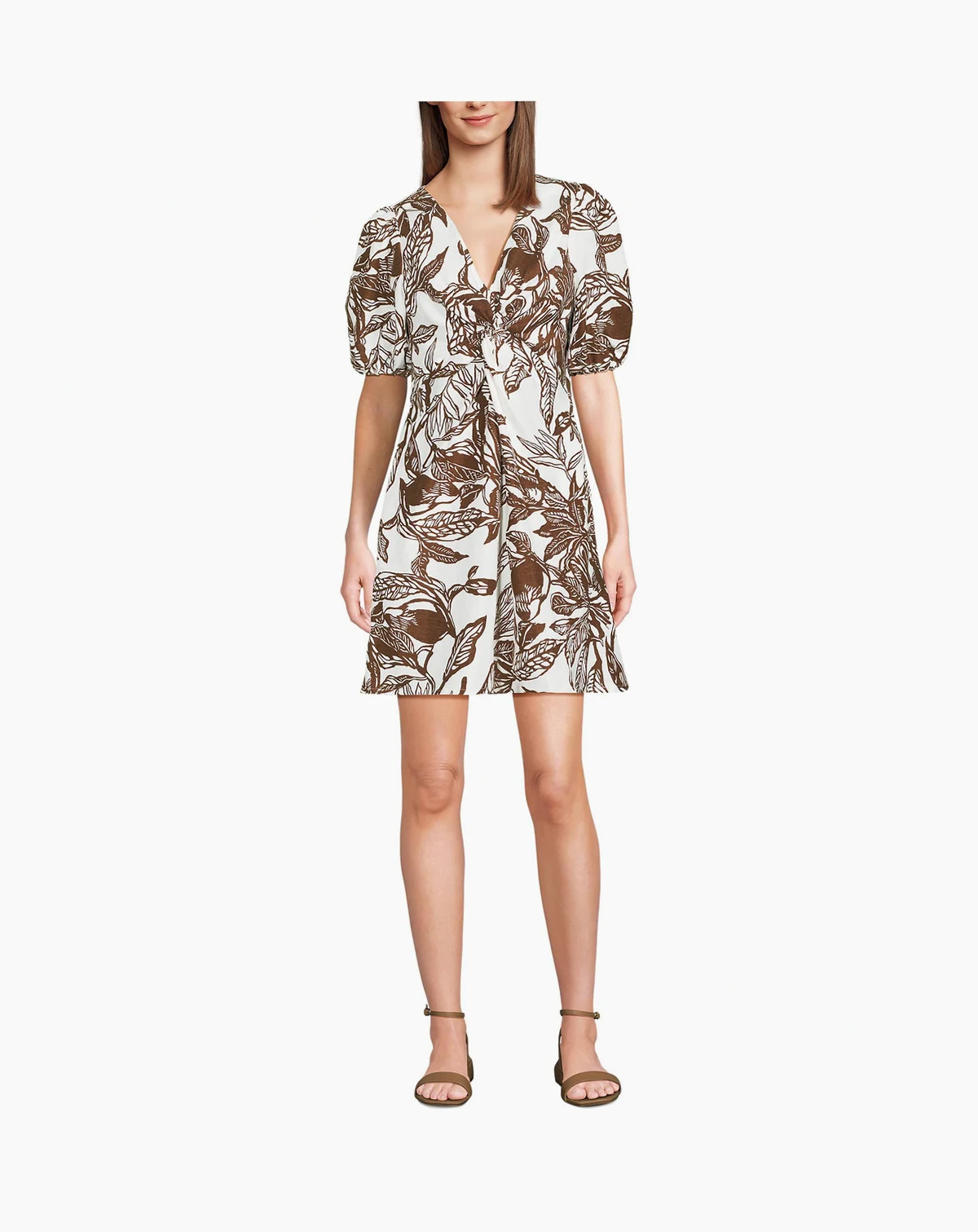 Petite Linen Above the Knee Puff Sleeve Dress