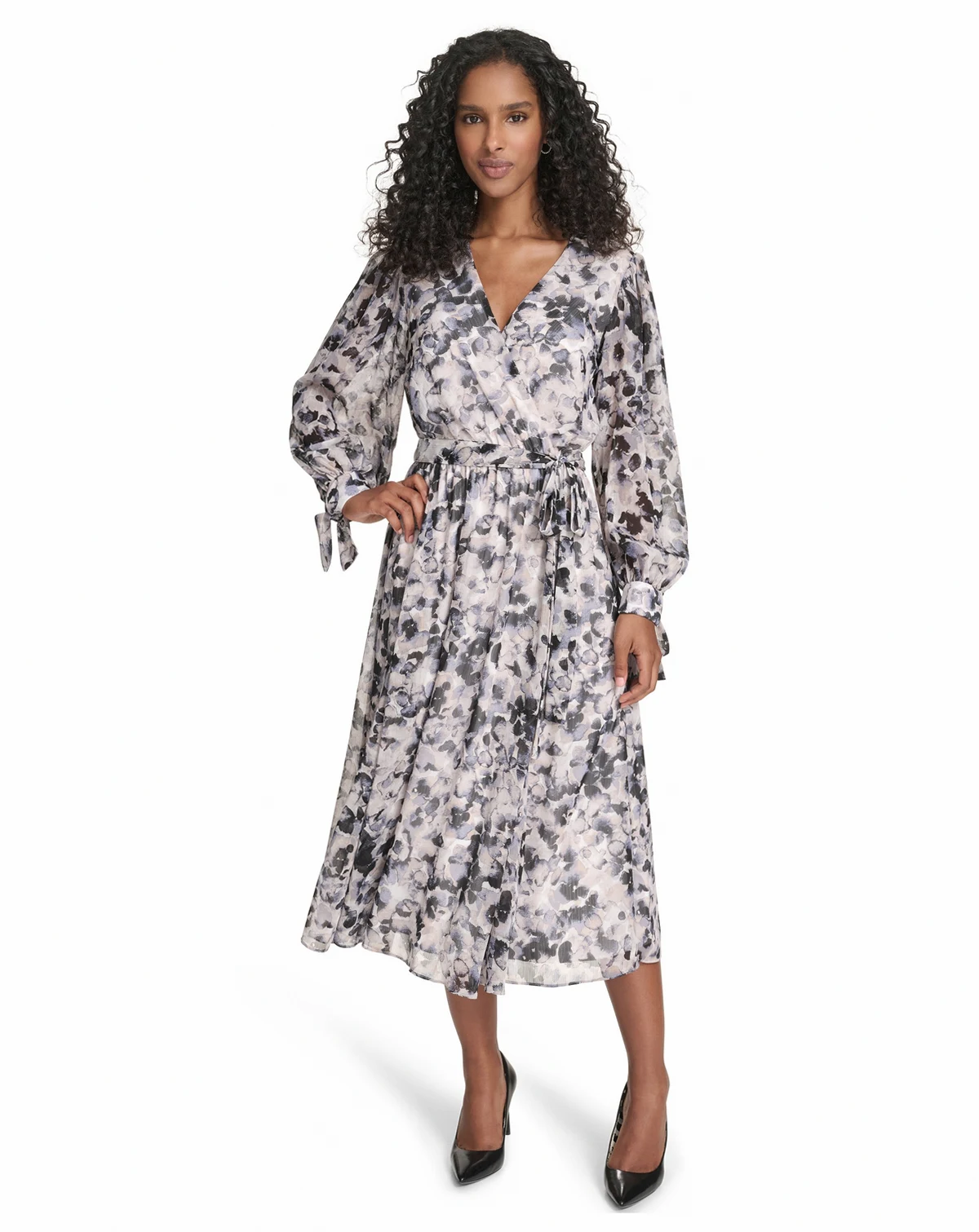 Petite Floral Long-Sleeve Midi Dress