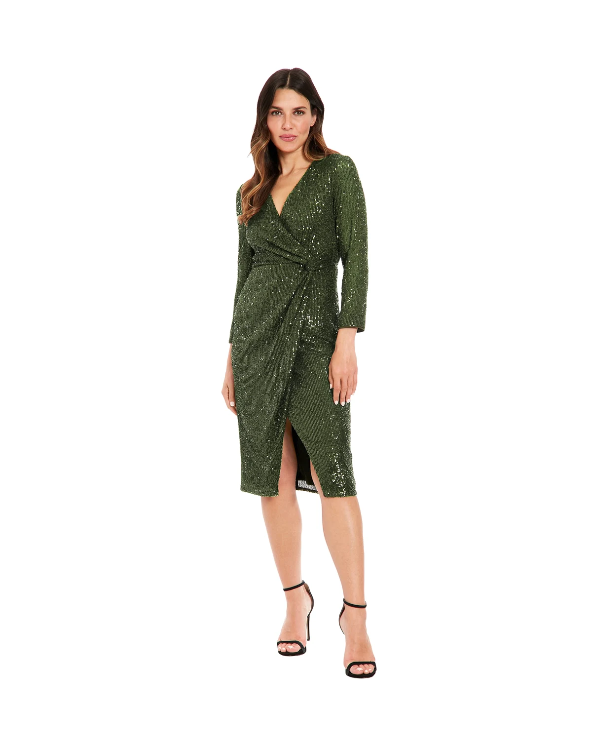 Petite Sequin Side Ruched Surplice Neck Dress