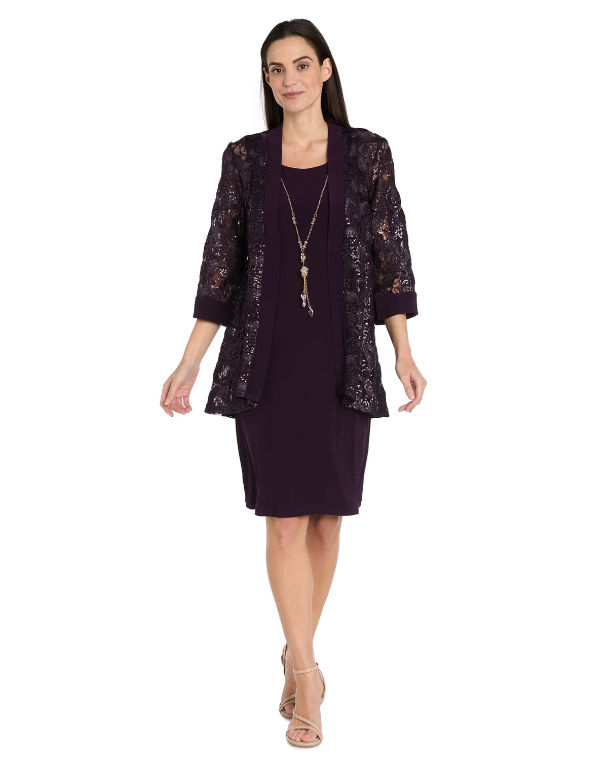 Petite 2-Piece Embroidered and Sequin Cutout Jacket with Tank Dress