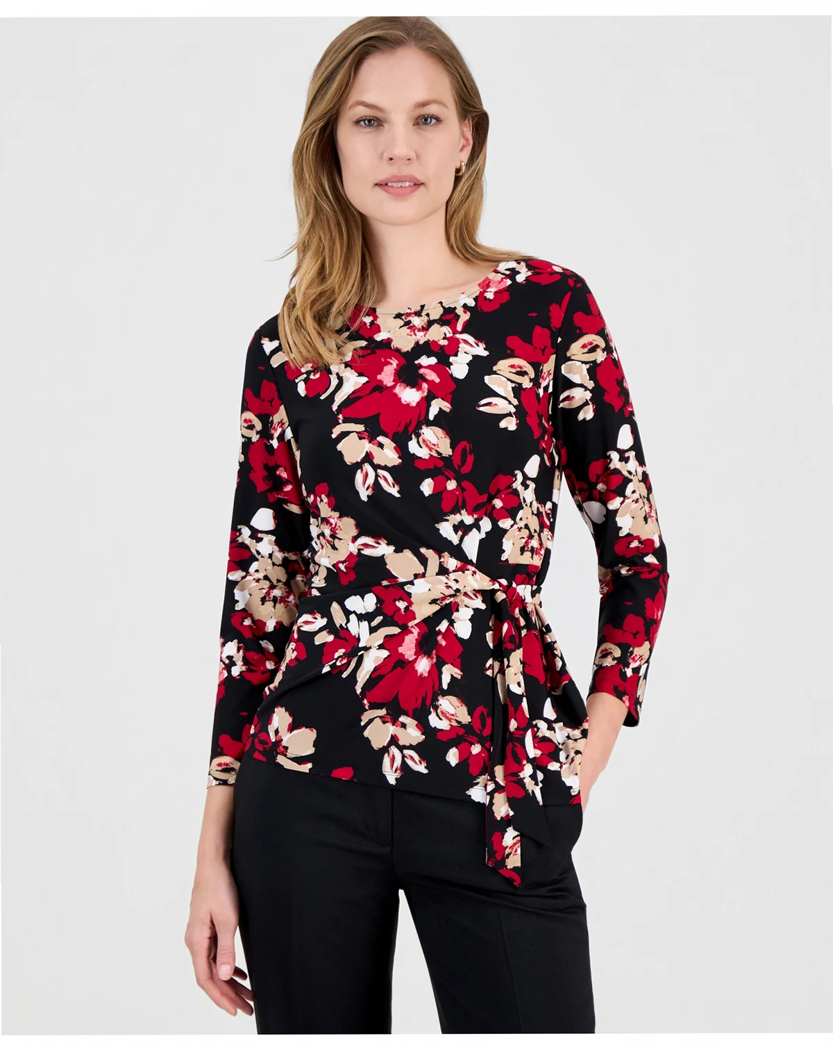 Women's Printed 3/4-Sleeve Side-Tie Top
