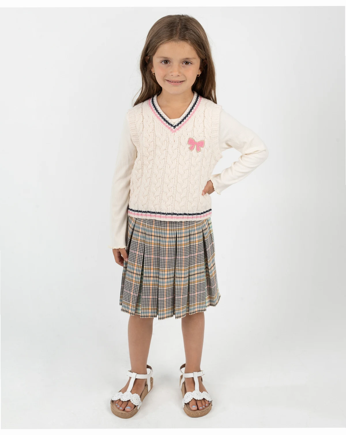 Little Girls' Plaid Skort Dress with Cable Knit Vest, 2 pc