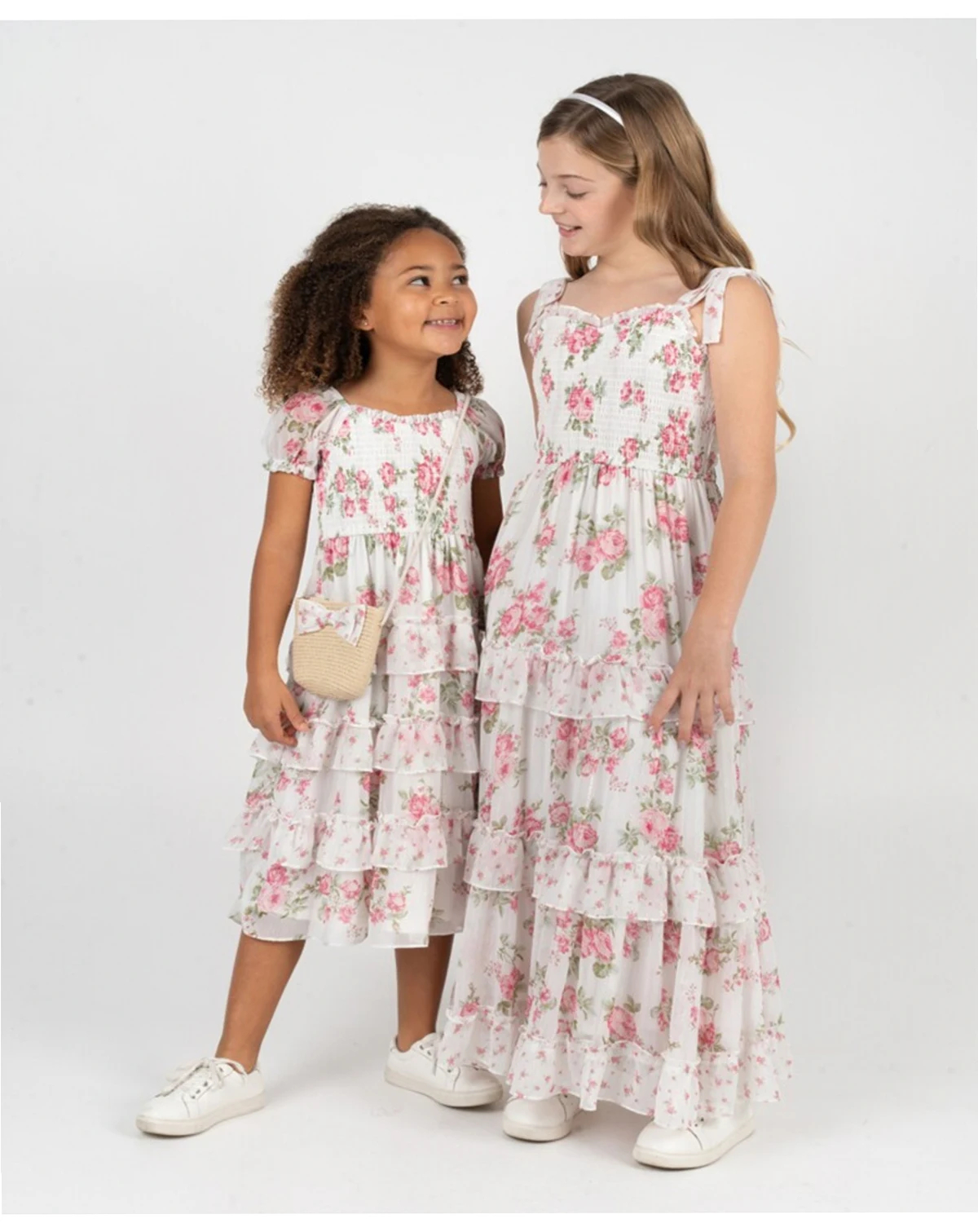 Girls' 2T-6X Twin Print Floral Chiffon Smocked Puff Sleeve Dress