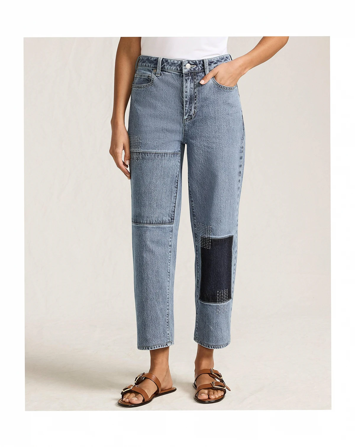 Women's Soft Denim Mid Rise Relaxed Straight Crop Patchwork Jeans