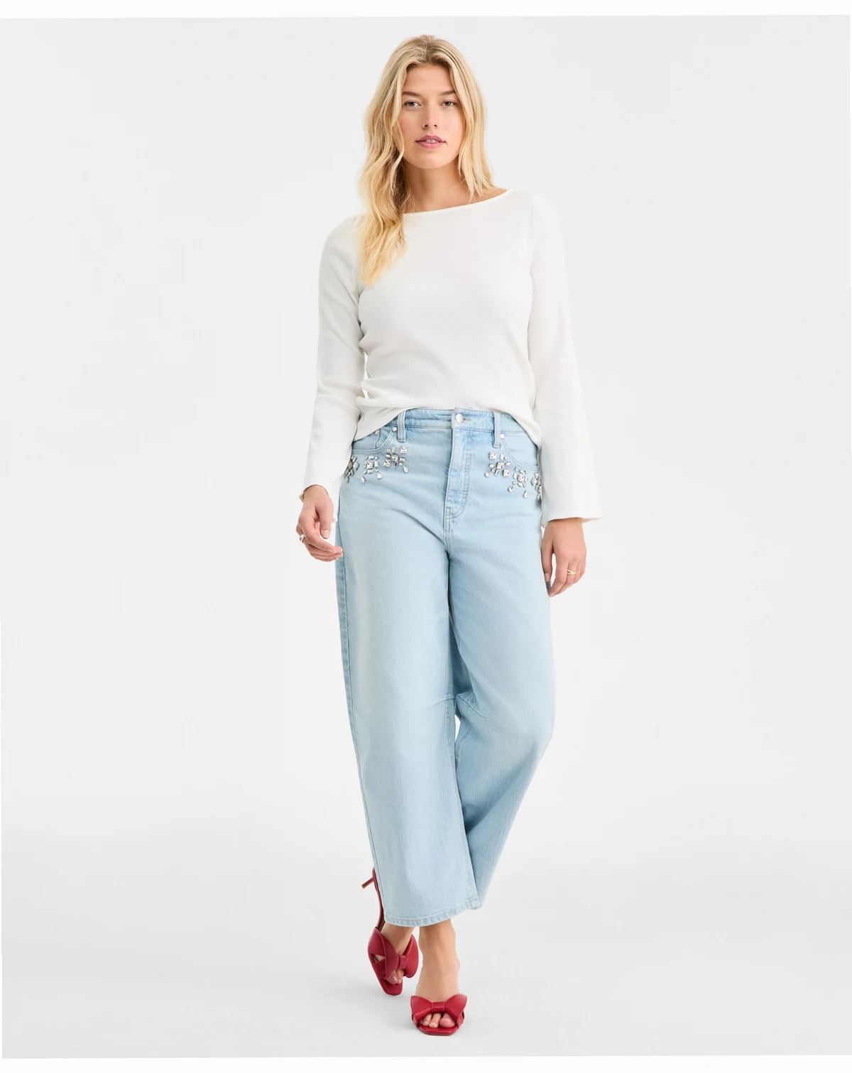 Women's High-Rise Embellished Barrel-Leg Jeans, Macy's Exclusive