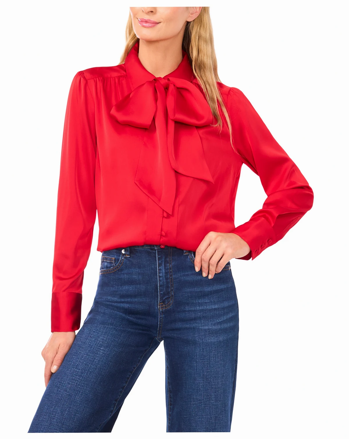 Women's Long-Sleeve Button Down Shirred Collared Top with Bow