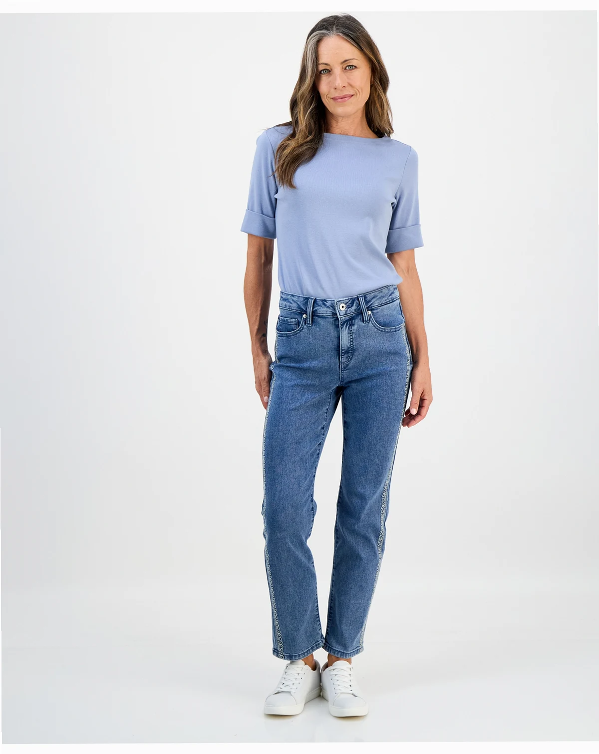Petite Embroidered High Rise Straight-Leg Jeans, Macy's Exclusive