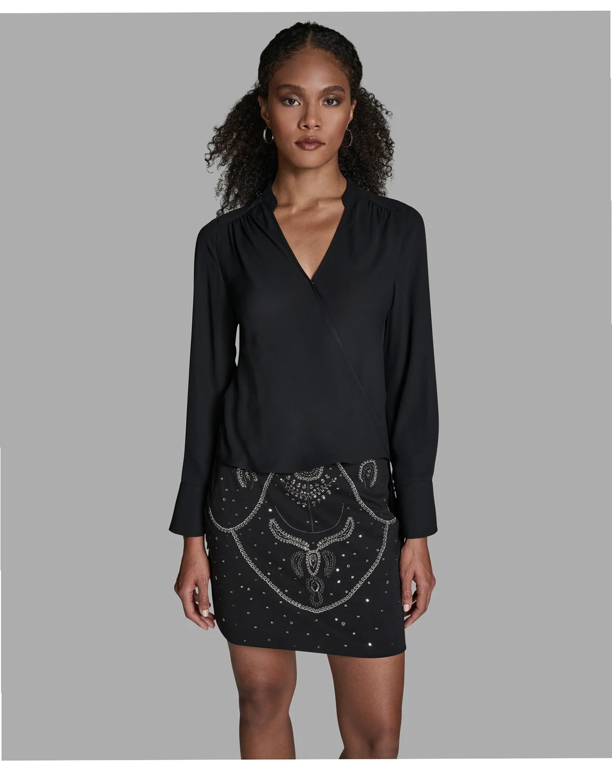 Women's Long-Sleeve Hi-Low Faux-Wrap Top