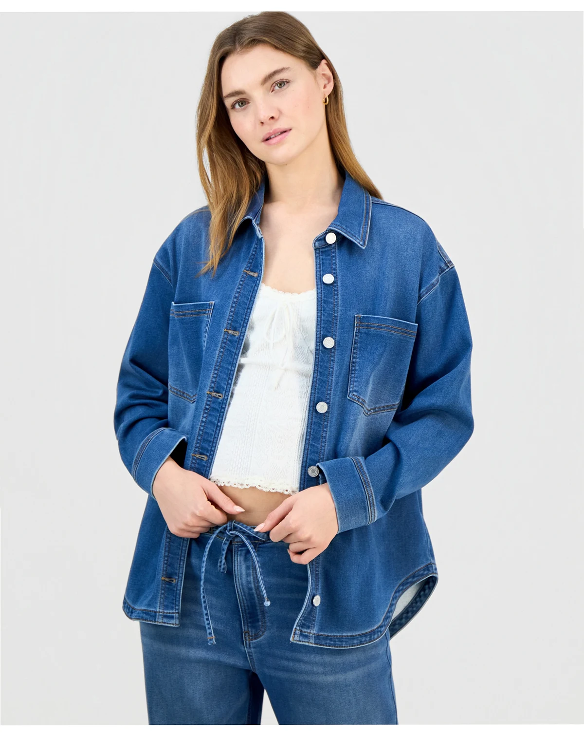 Juniors' Knit Denim Button-Up Shirt