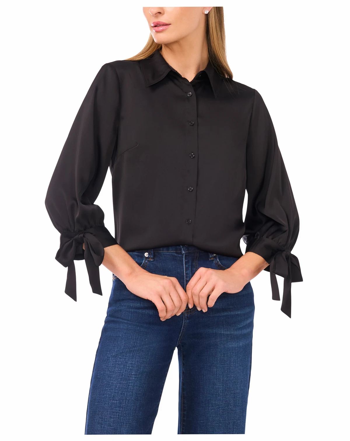 Women's 3/4-Sleeve Tie Cuffs Button-Down Blouse