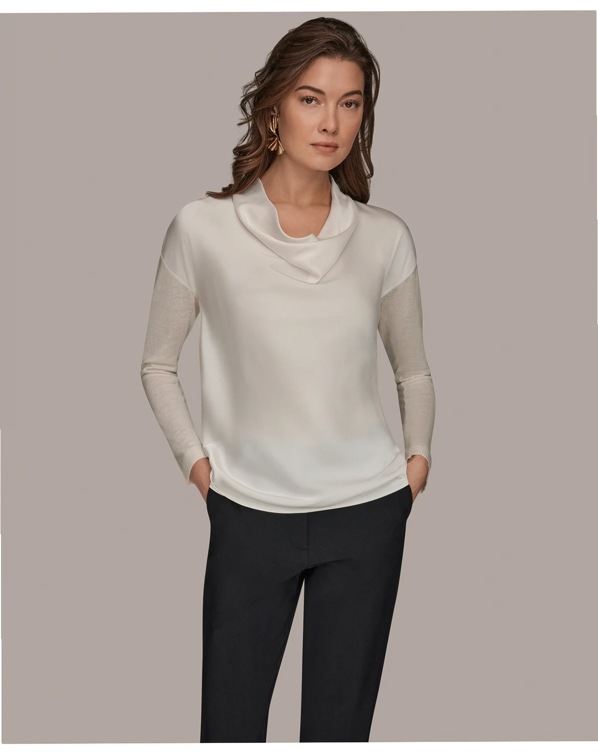 Women's Long-Sleeve Mix Media Cowl Front Top