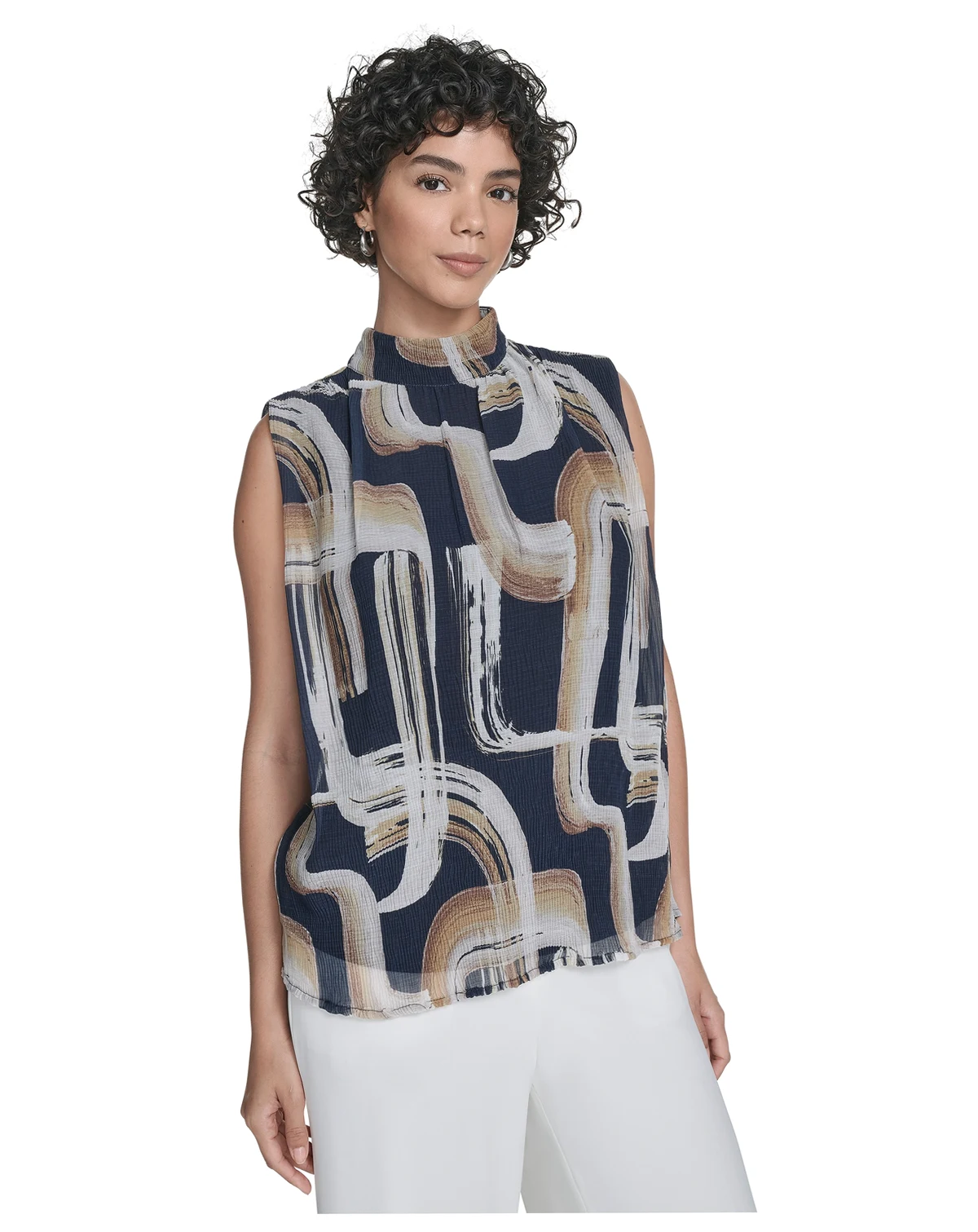 Women's Printed Mock-Neck Sleeveless Blouse