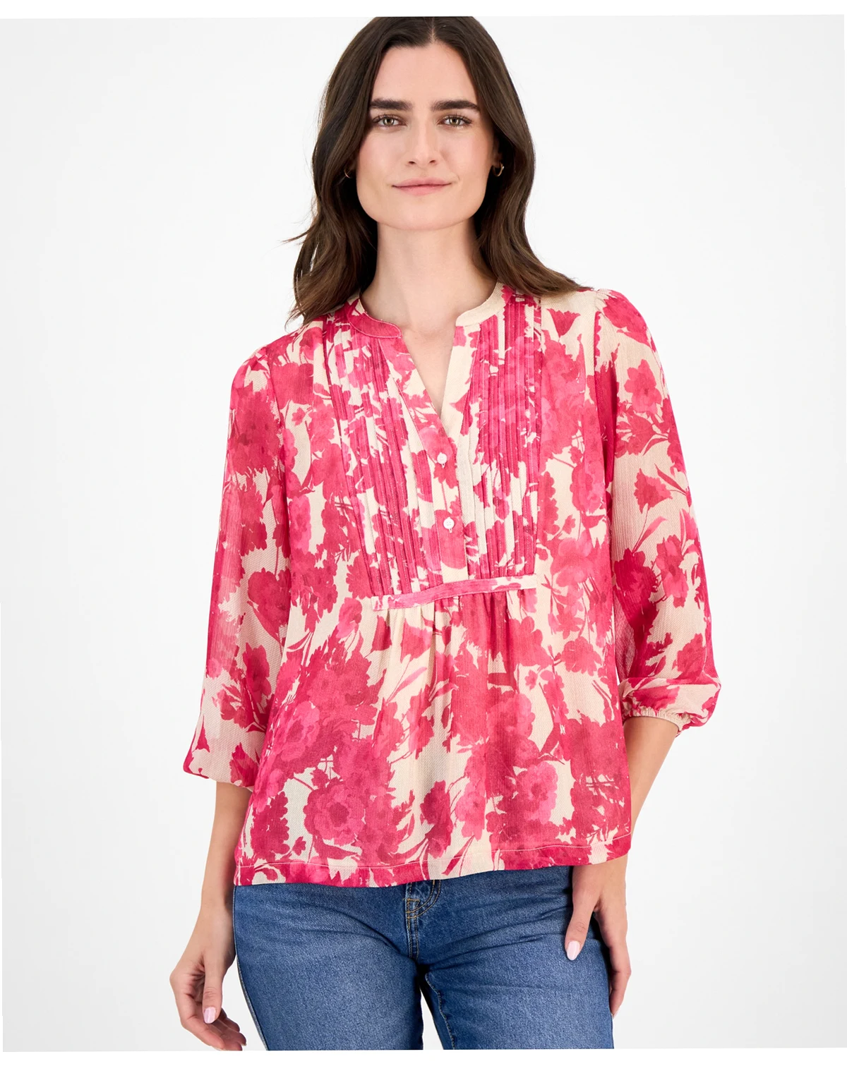 Nautica Women's Festival Floral Pintuck Blouse