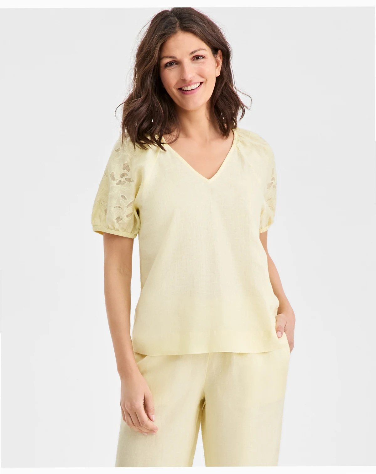 Women's 100% Linen V-Neck Appliqué-Sleeve Top, Macy's Exclusive
