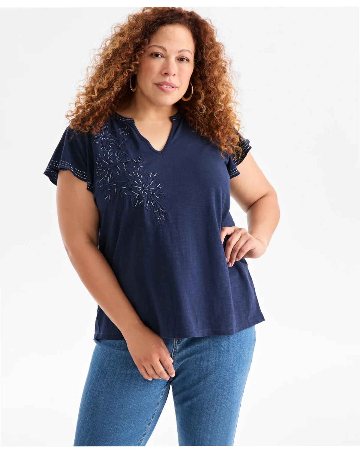 Plus Size Embroidered Flutter-Sleeve Knit Top, Macy's Exclusive