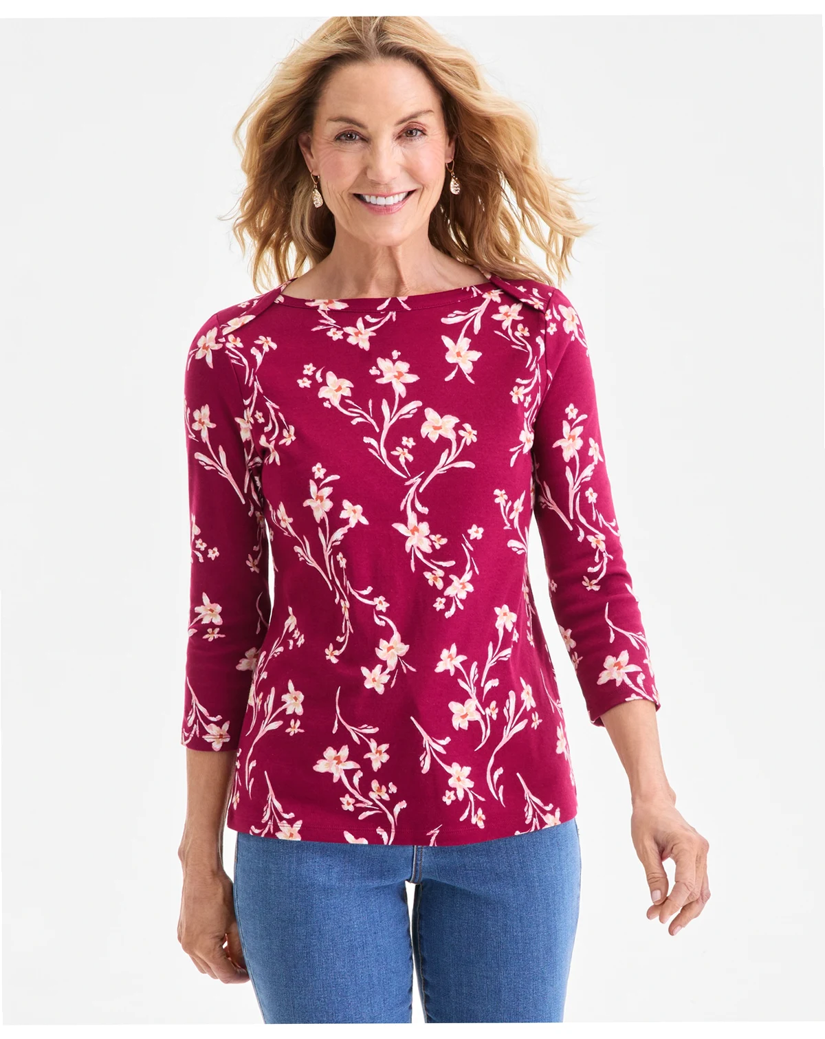 Petite Pima Floral Sketch Boat Neck Top, Macy's Exclusive