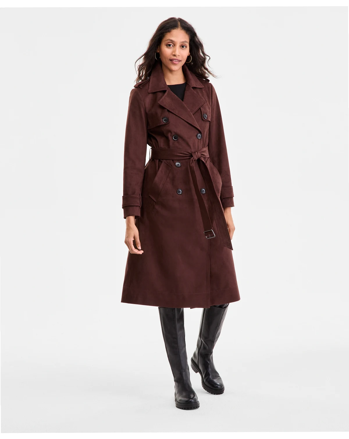 Women's Double Breasted Faux Suede Belted Trench Coat