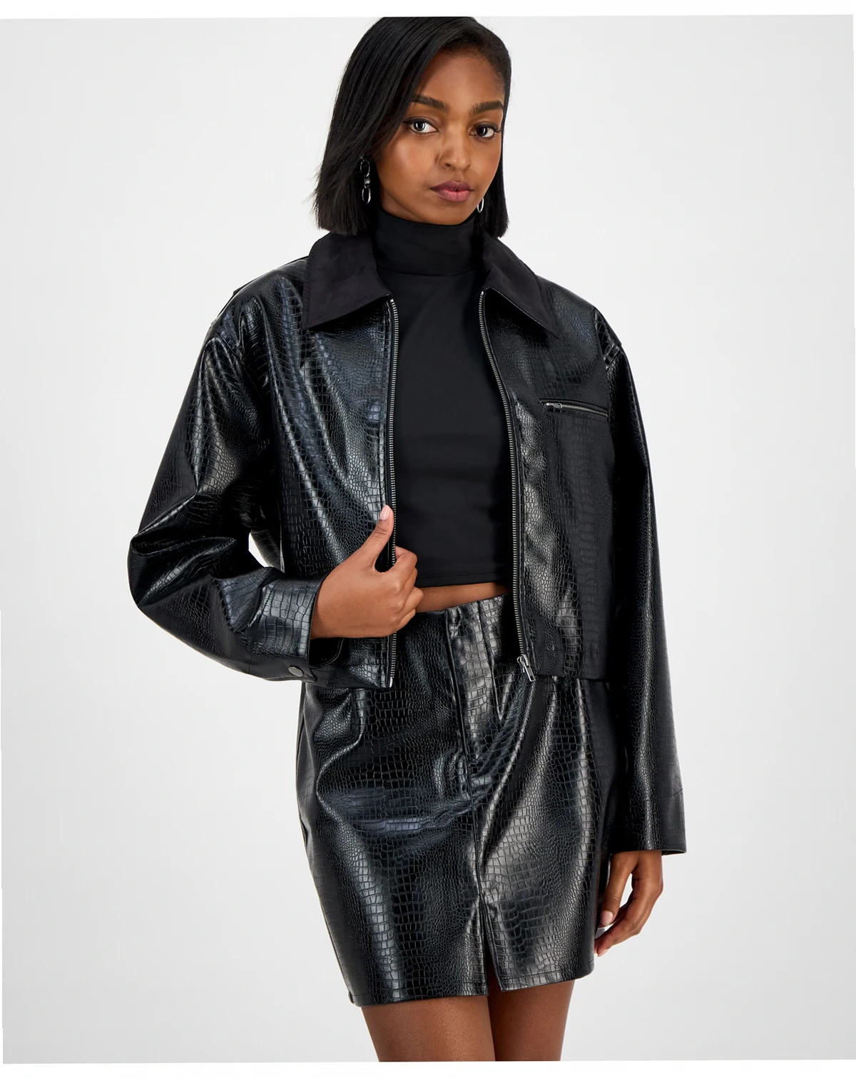 Women's Embossed Faux Leather Cropped Jacket, Macy's Exclusive