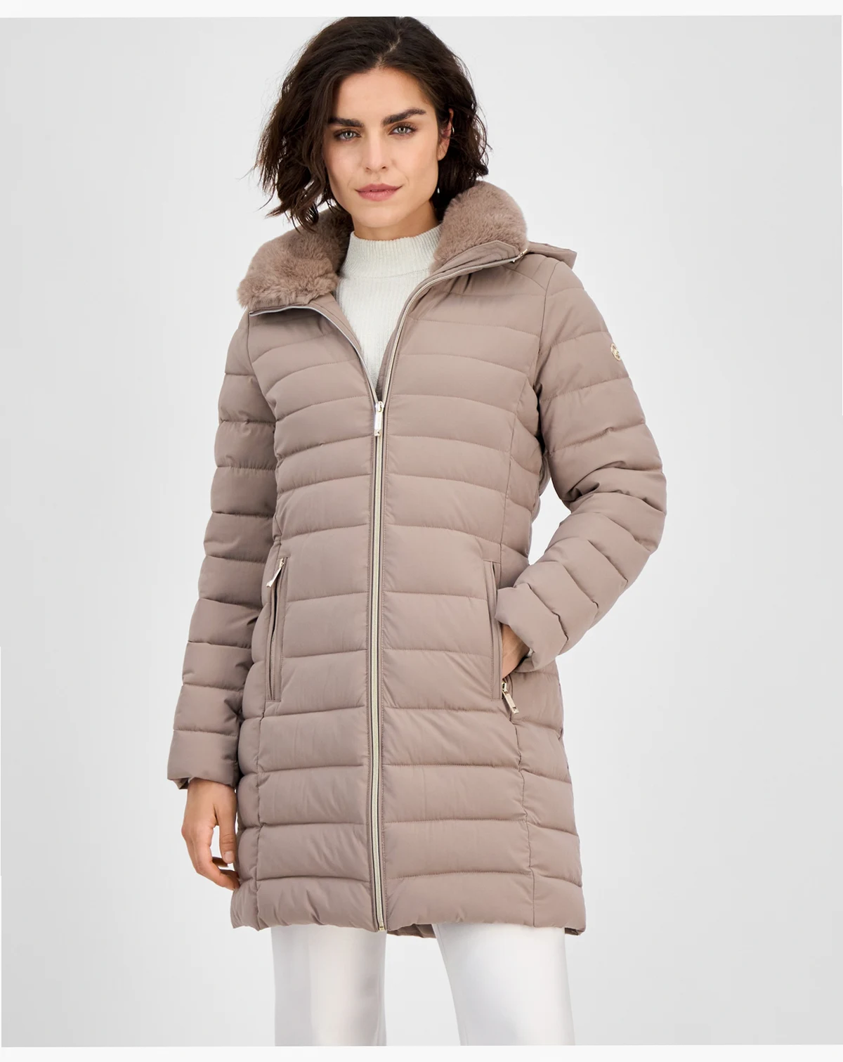 Women's Faux-Fur-Collar Hooded Packable Puffer Coat