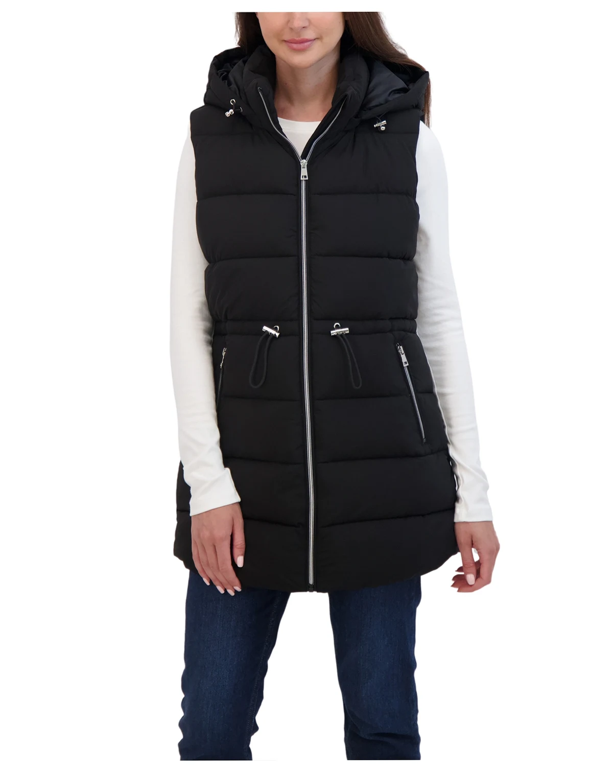 Women's 3/4 Hooded Stretch Puffer Vest With Drawstring Waist
