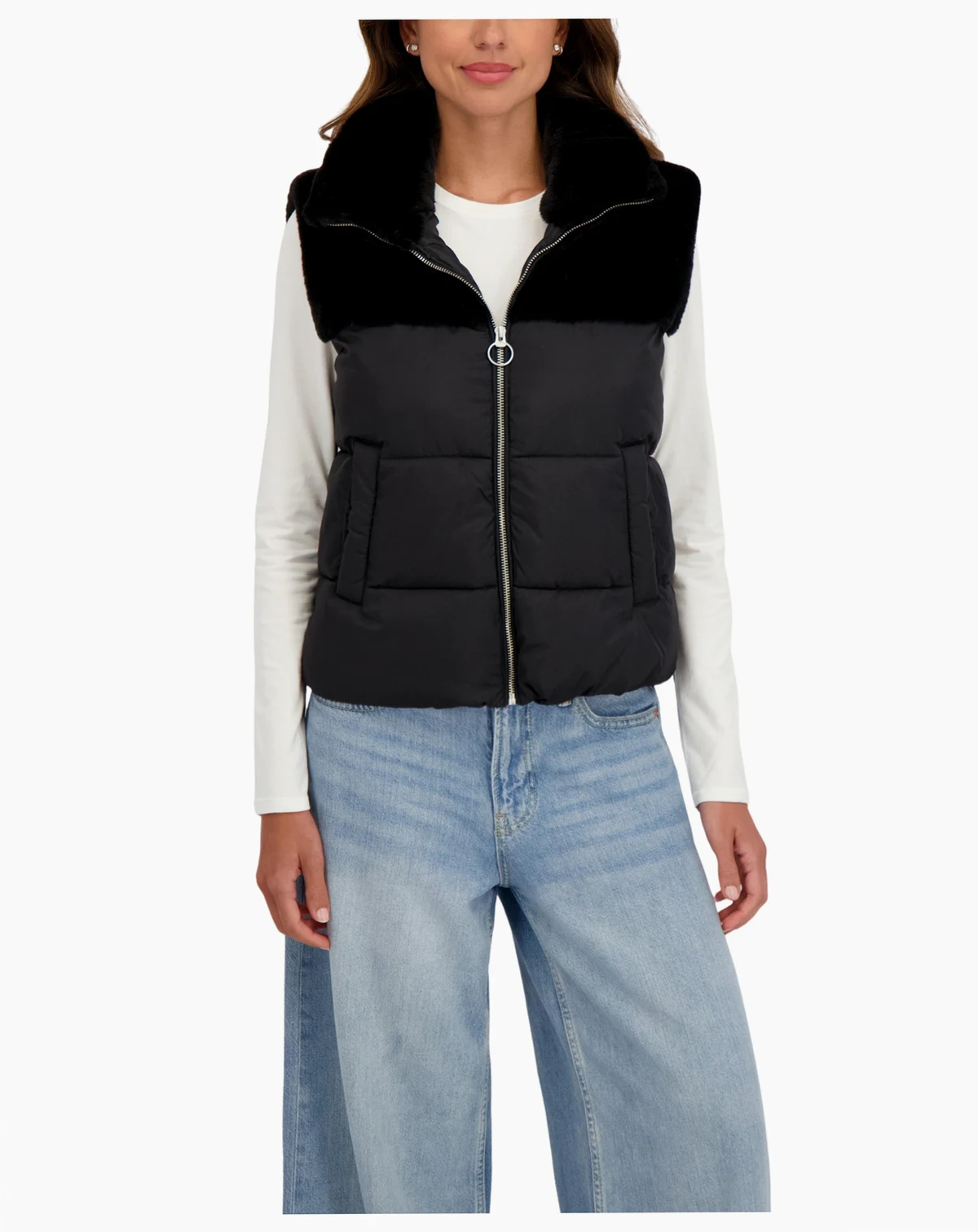 Women's Short Mix Media Puffer Vest