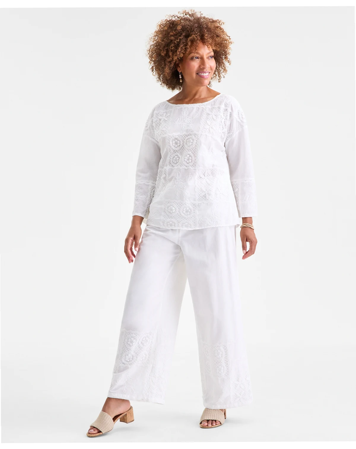 Women's Wide Leg Crochet Embroidery Patchwork Pants, Macy's Exclusive