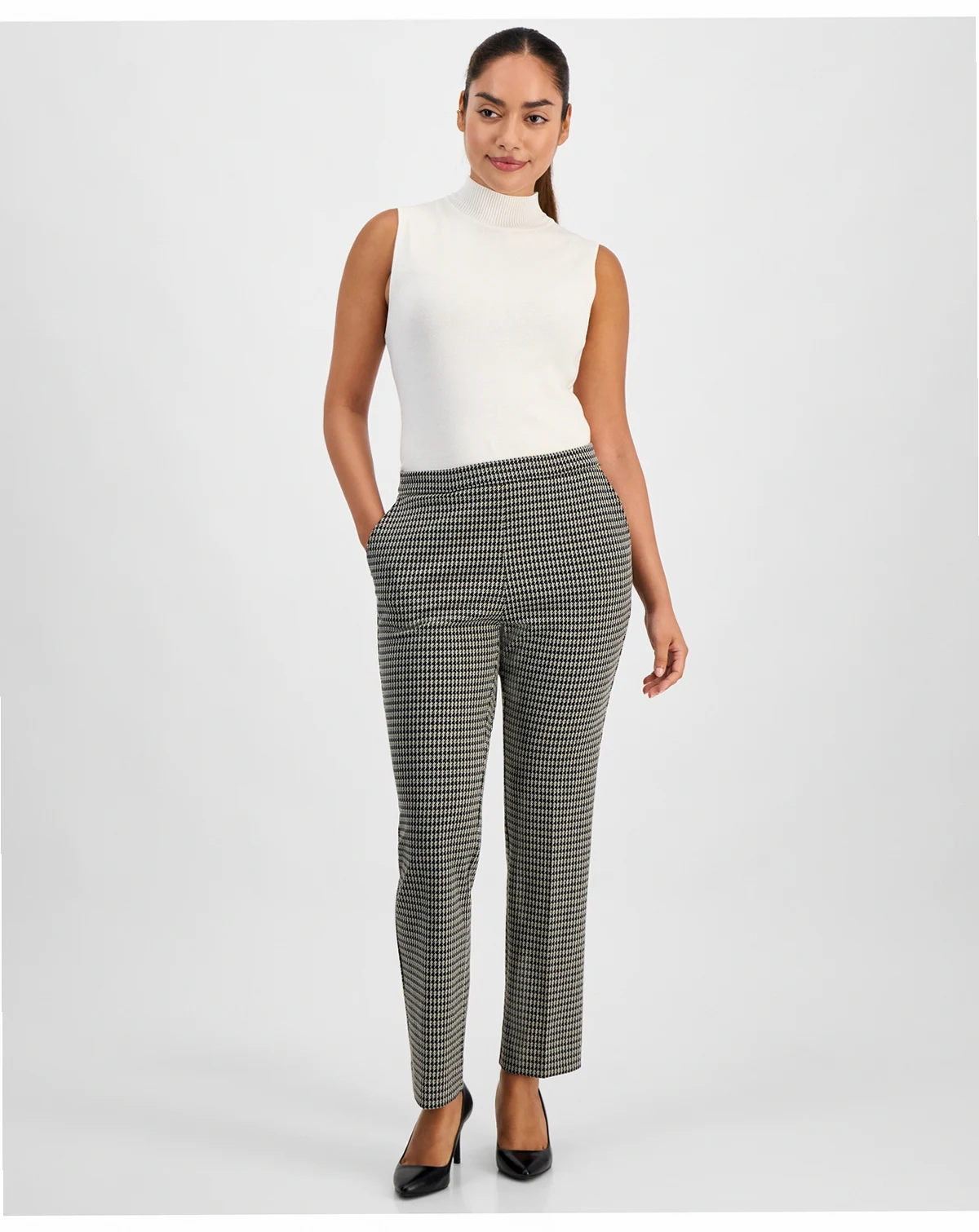 AK Anne Klein Petite Houndstooth Mid Rise Pull-On Pants
